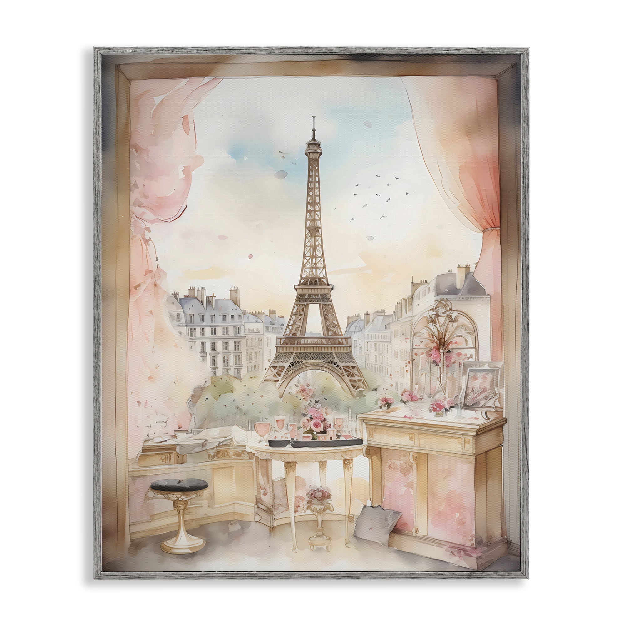 Stupell Industries Eiffel Tower Window View Gray Framed Giclee Art, design by Creative Studio