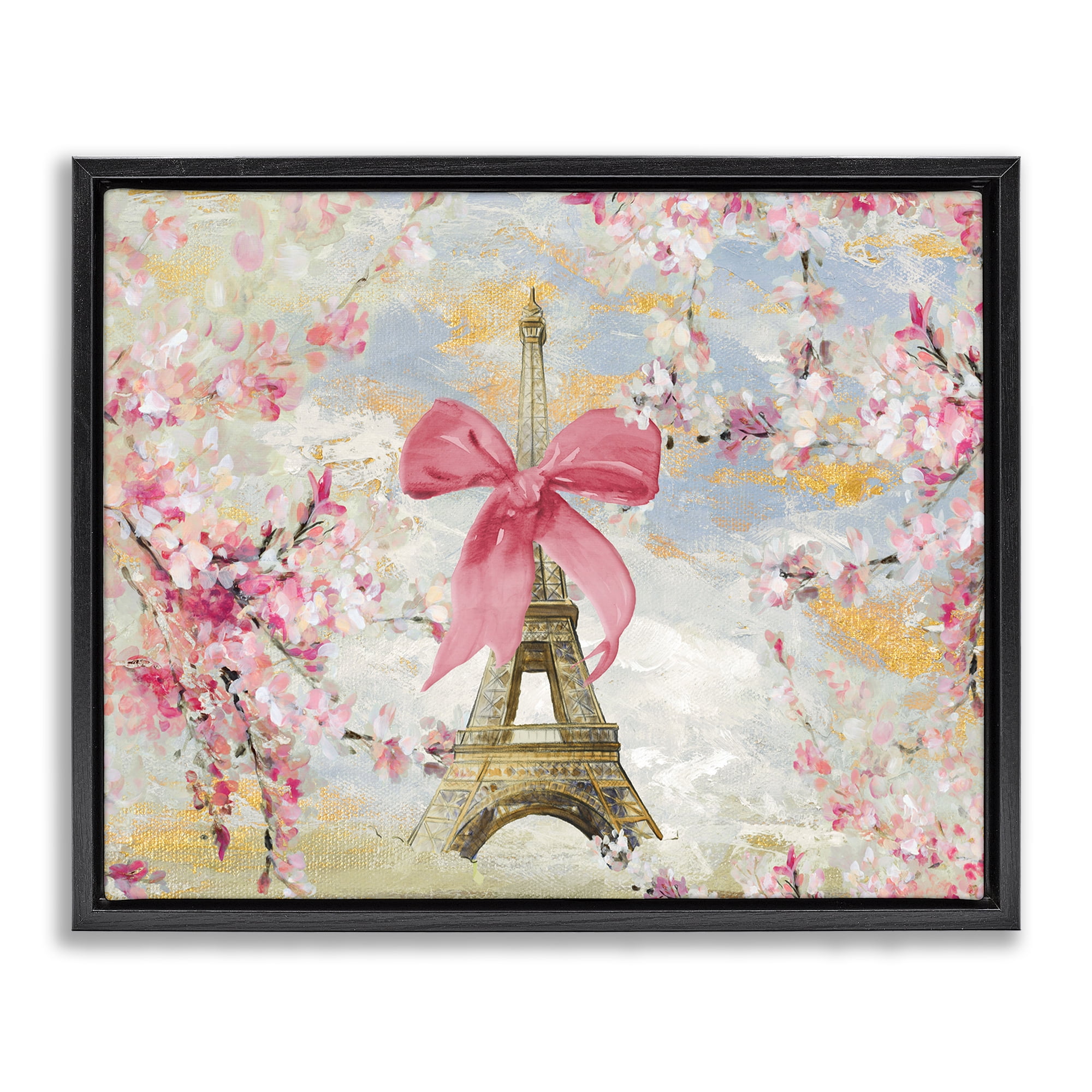 Stupell Industries Eiffel Tower on Cherry Blossoms Fashion Painting Black Floater Framed Canvas Art Print Wall Art, 21 x 17