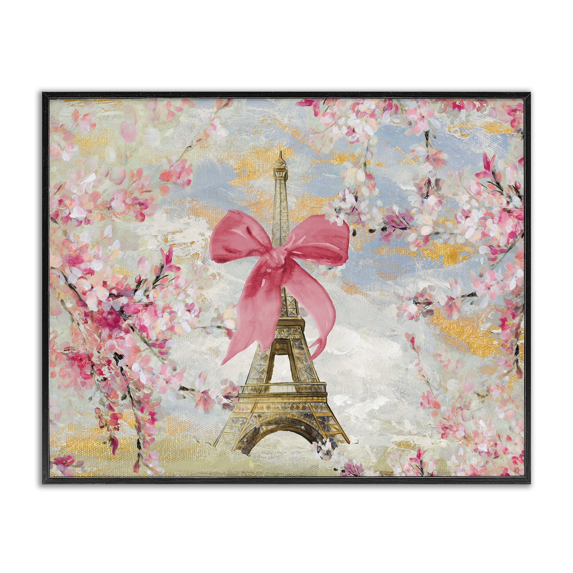 Stupell Industries Eiffel Tower on Cherry Blossoms Fashion Painting Black Framed Art Print Wall Art, 14 x 11