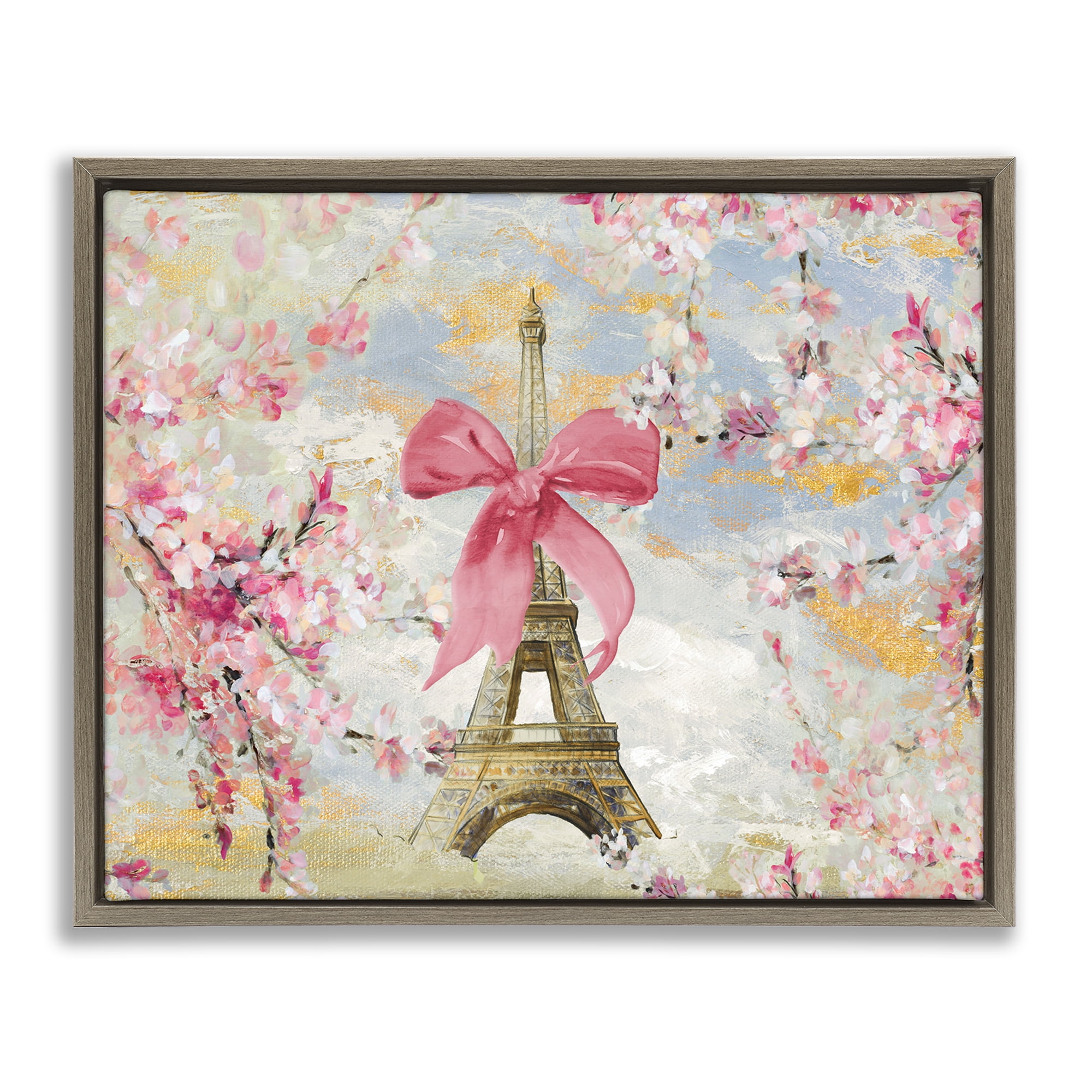 Stupell Industries Eiffel Tower on Cherry Blossoms Fashion Painting Brown Floater Framed Canvas Art Print Wall Art, 31 x 25
