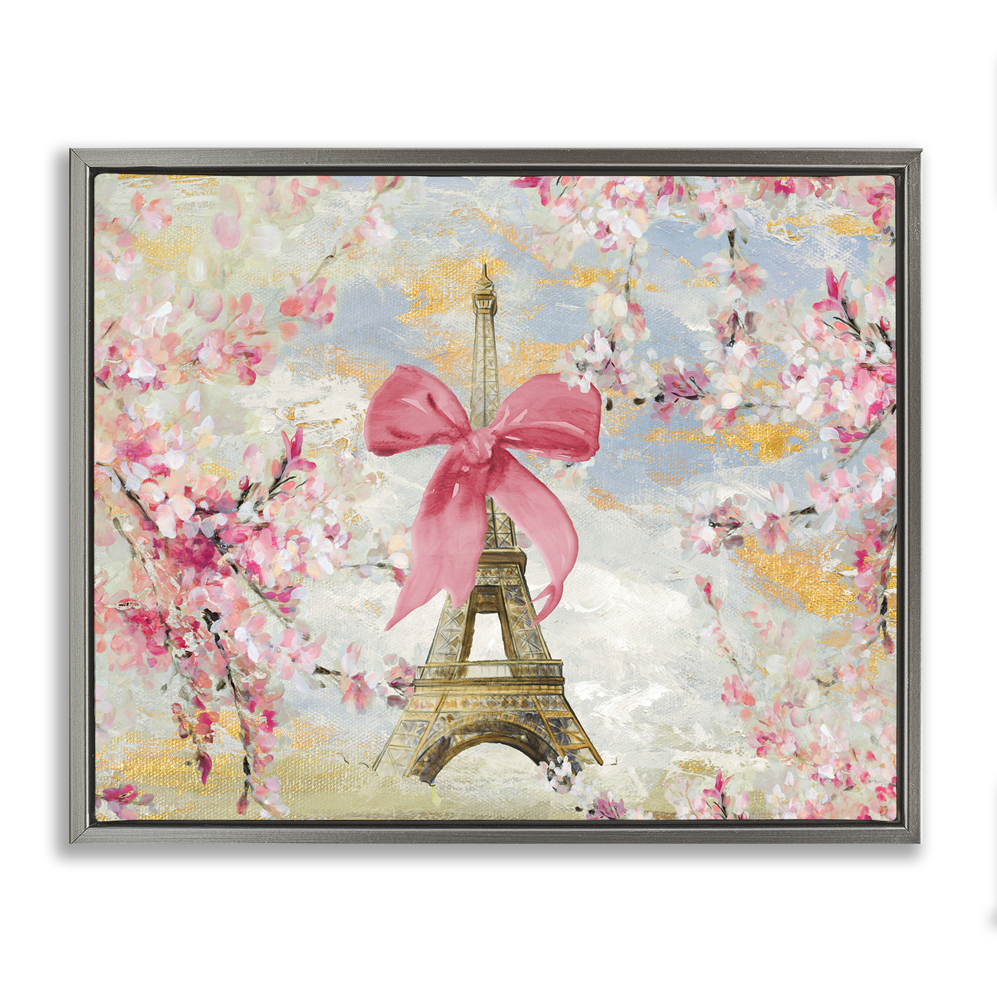 Stupell Industries Eiffel Tower on Cherry Blossoms Fashion Painting Gray Floater Framed Canvas Art Print Wall Art, 21 x 17
