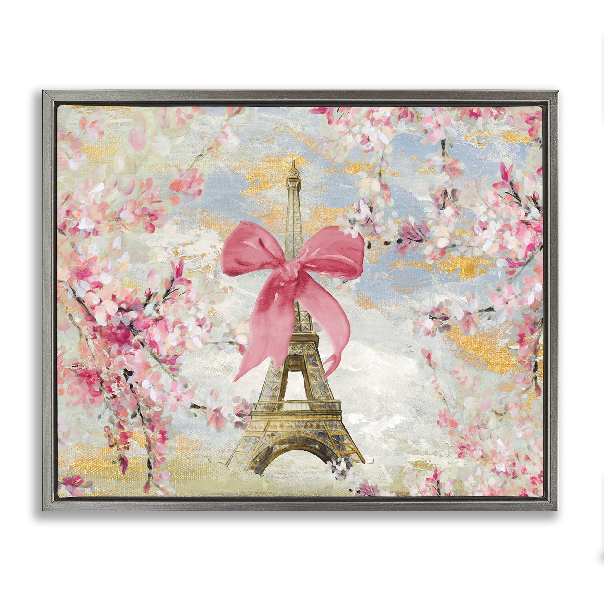 Stupell Industries Eiffel Tower on Cherry Blossoms Fashion Painting Gray Floater Framed Canvas Art Print Wall Art, 31 x 25