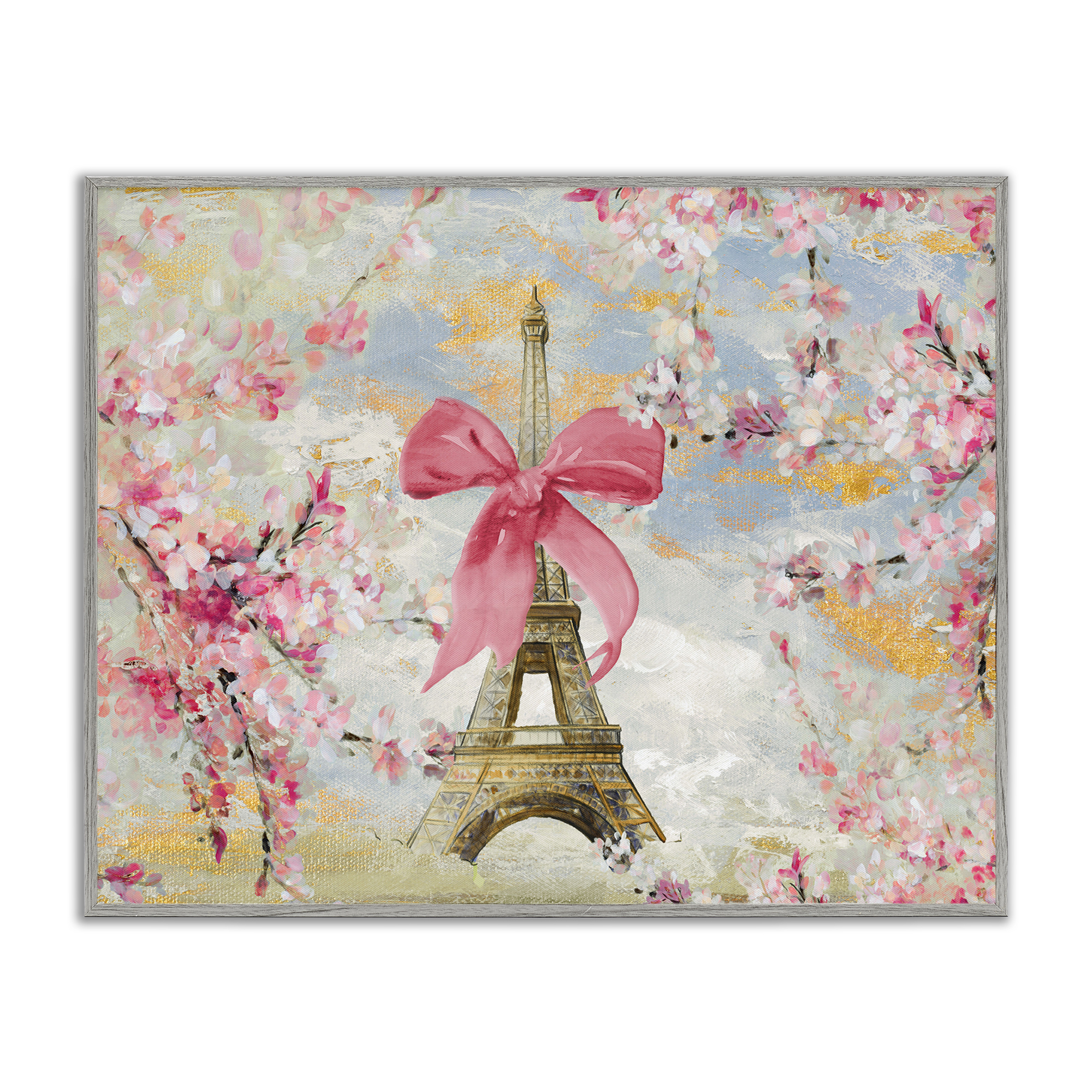 Stupell Industries Eiffel Tower on Cherry Blossoms Fashion Painting Gray Framed Art Print Wall Art, 14 x 11