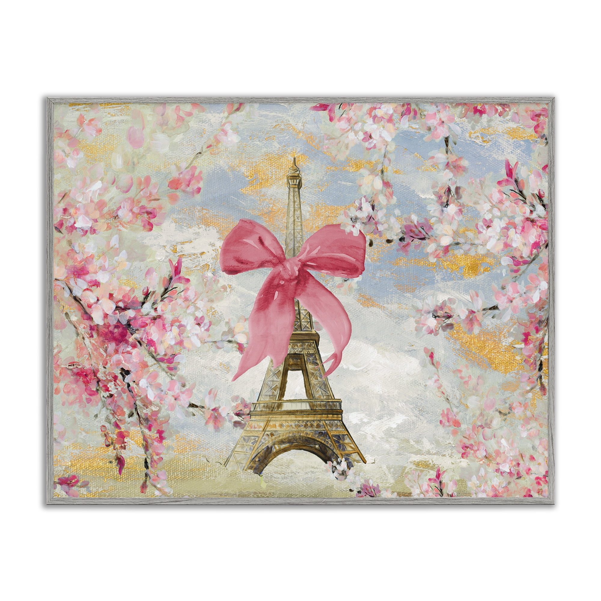 Stupell Industries Eiffel Tower on Cherry Blossoms Fashion Painting Gray Framed Art Print Wall Art, 20 x 16