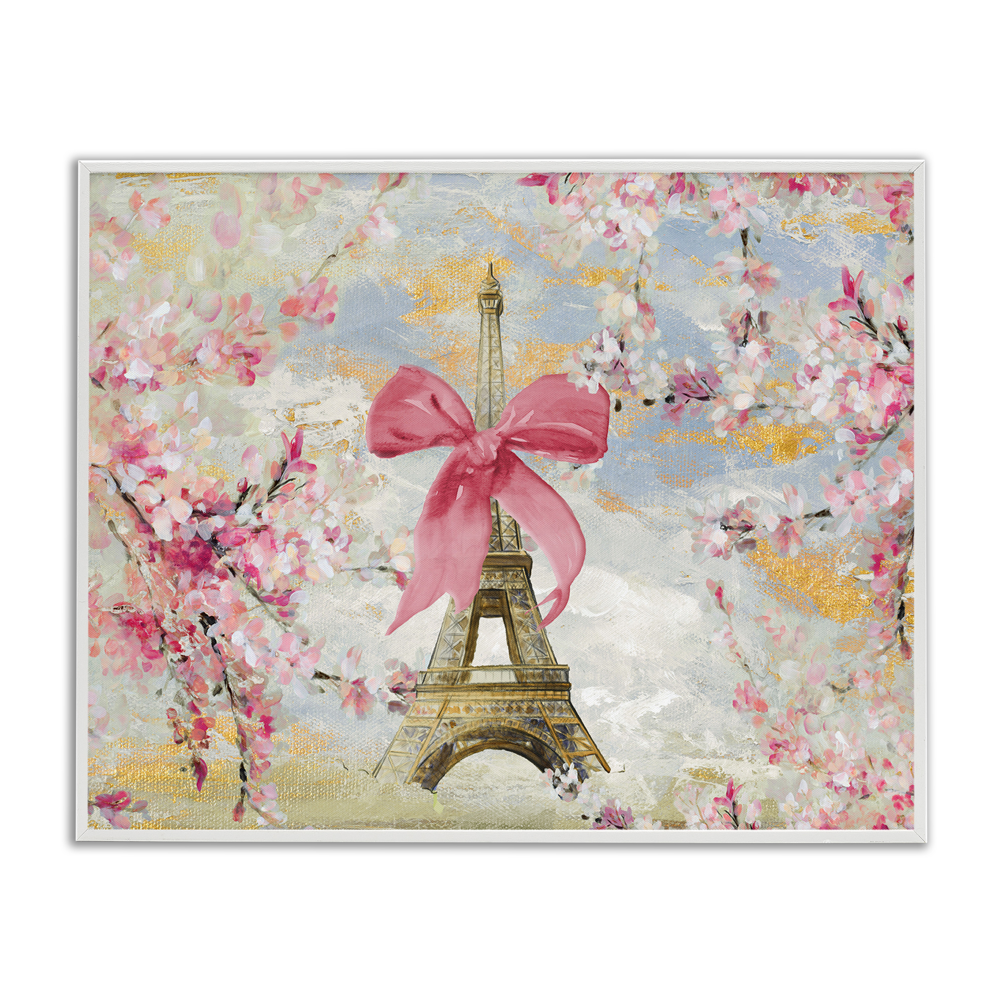 Stupell Industries Eiffel Tower on Cherry Blossoms Fashion Painting White Framed Art Print Wall Art, 14 x 11