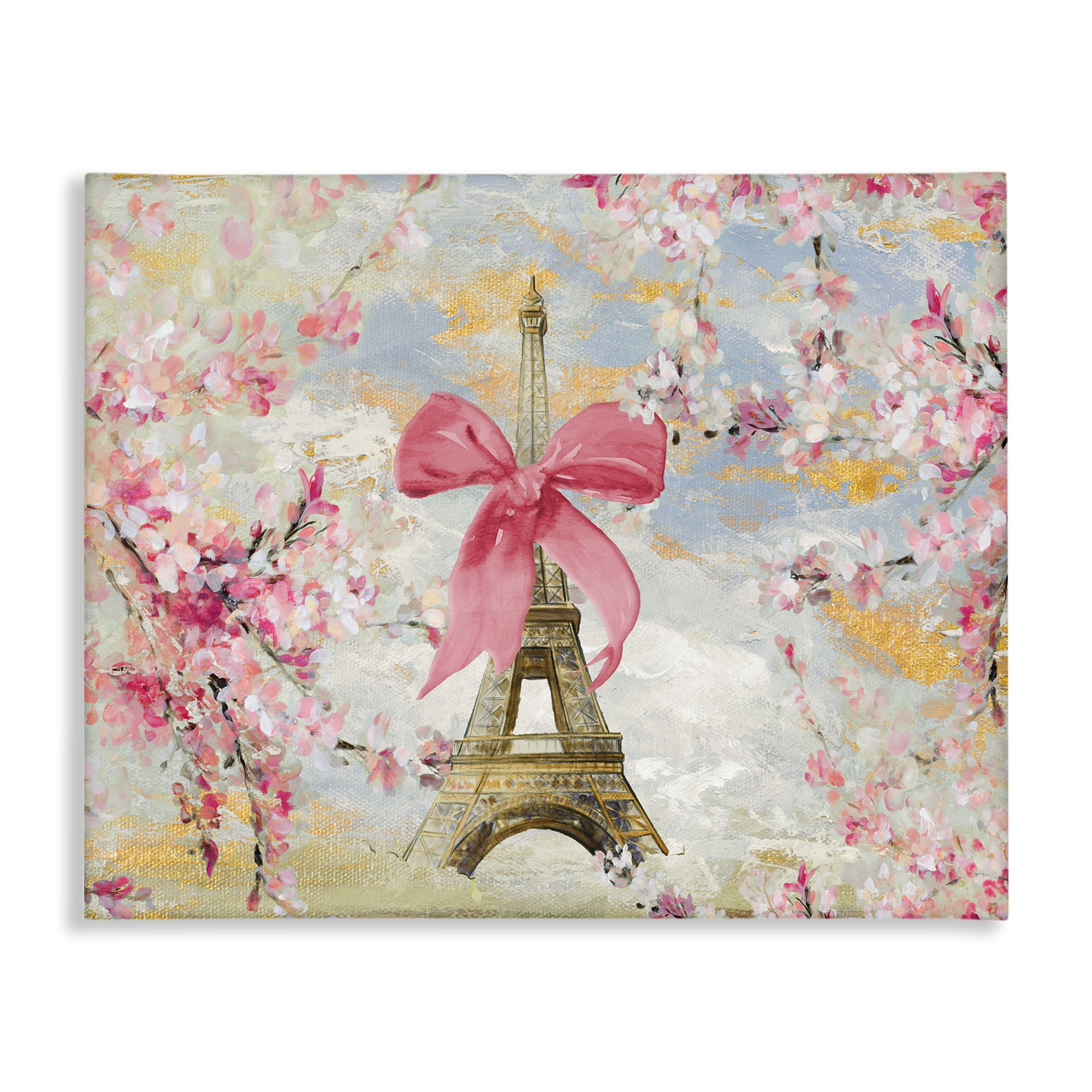 Stupell Industries Eiffel Tower on Cherry Blossoms Fashion Painting Wrapped Canvas Art Print Wall Art, 48 x 36