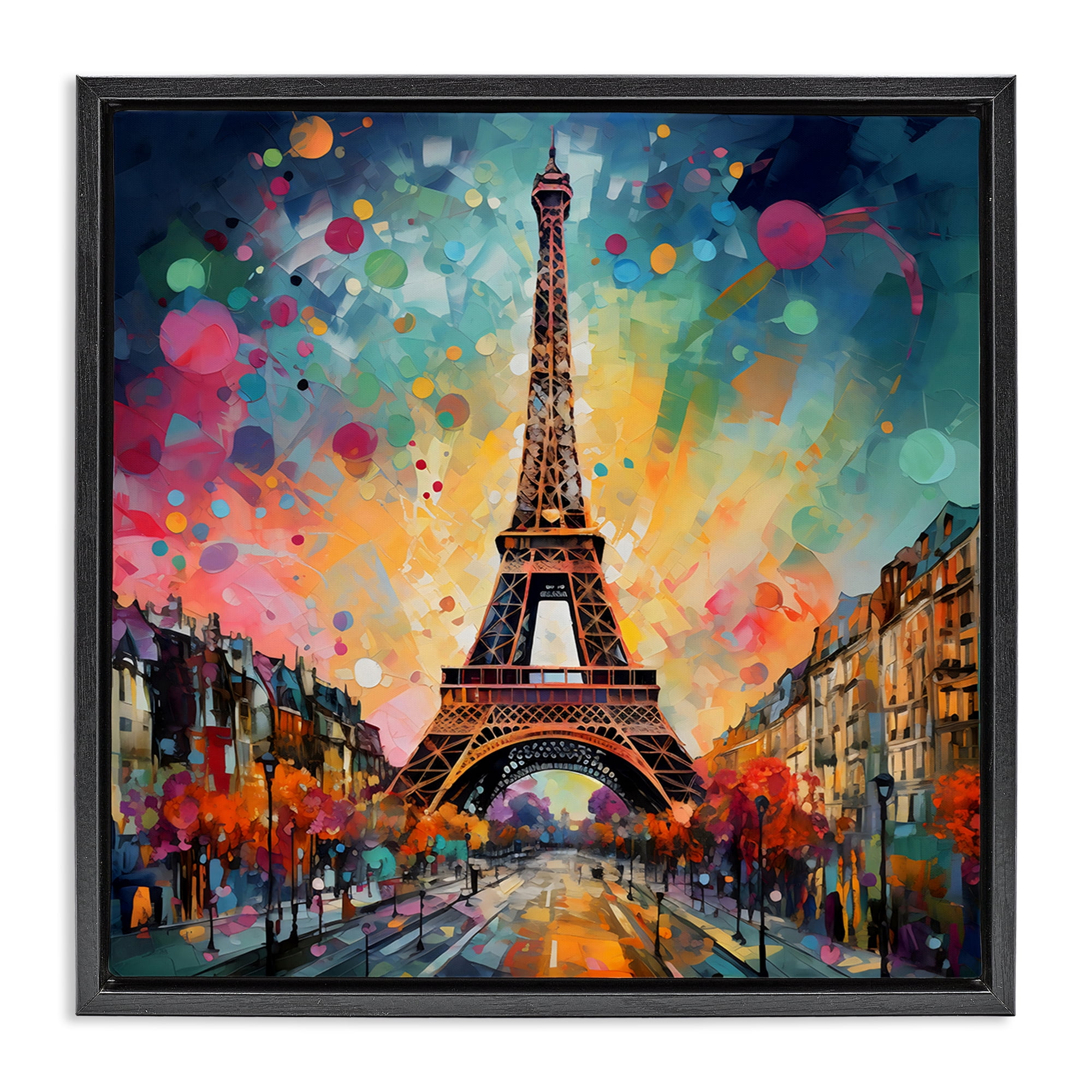 Stupell Industries Eiffel Tower with Vibrant Dots Black Framed Floater Canvas Wall Art, design by Creative Studio