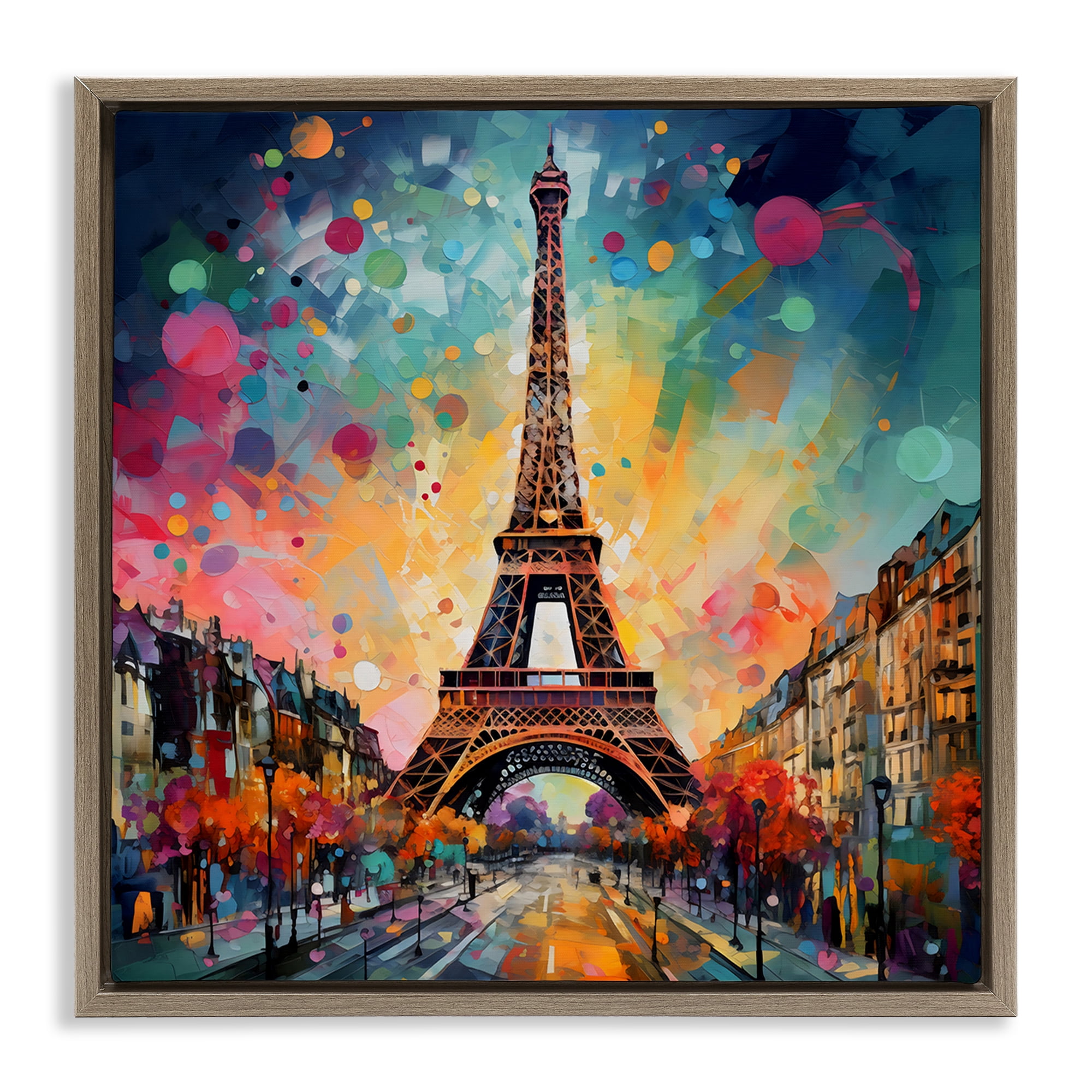 Stupell Industries Eiffel Tower with Vibrant Dots Brown Framed Floater Canvas Wall Art, design by Creative Studio