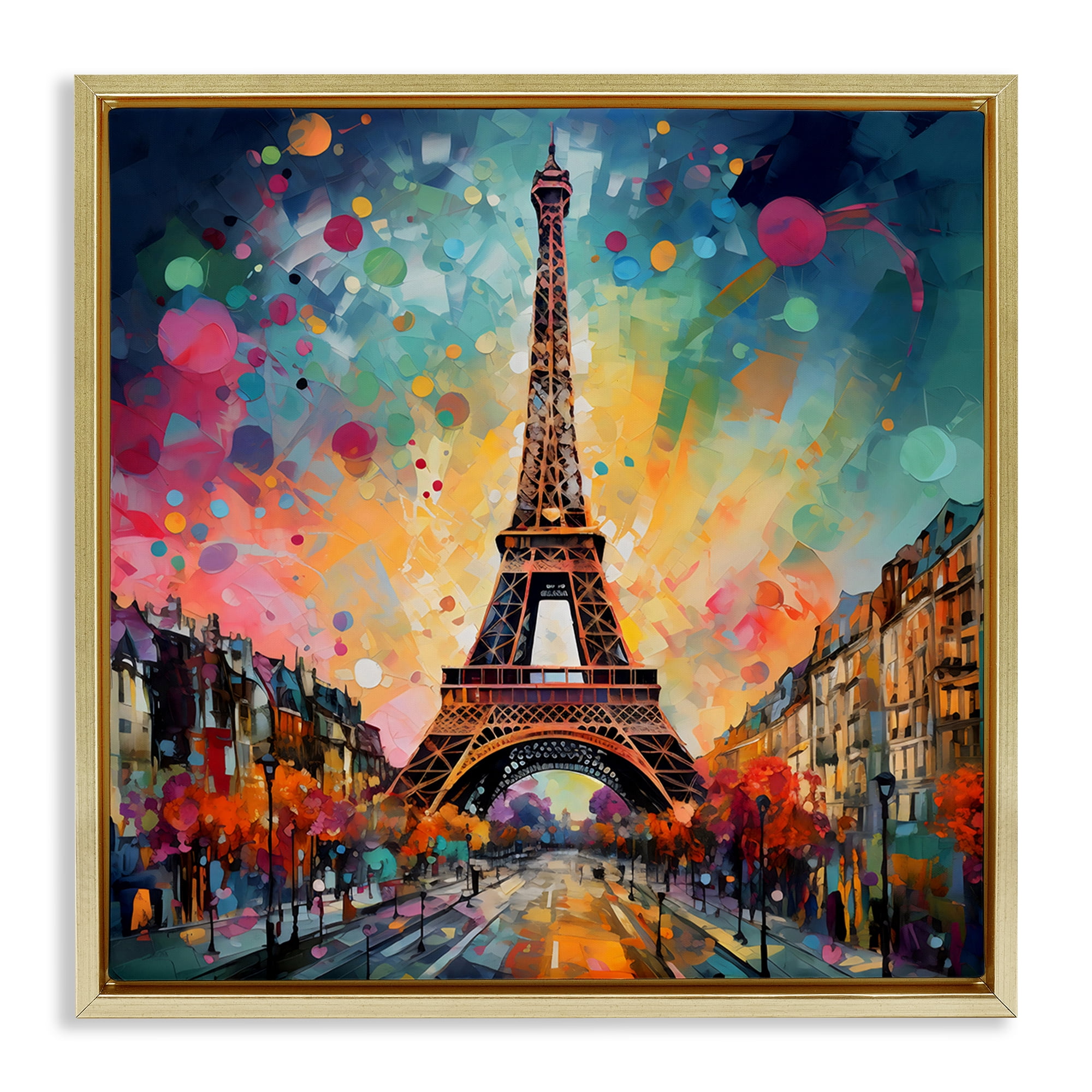 Stupell Industries Eiffel Tower with Vibrant Dots Gold Framed Floater Canvas Wall Art, design by Creative Studio