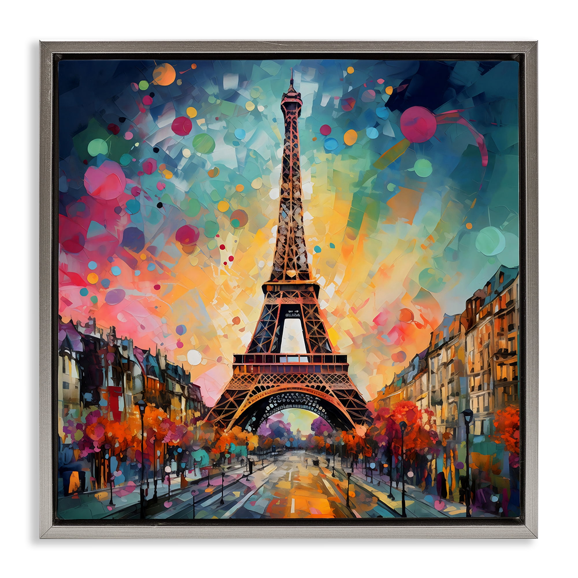 Stupell Industries Eiffel Tower with Vibrant Dots Gray Framed Floater Canvas Wall Art, design by Creative Studio