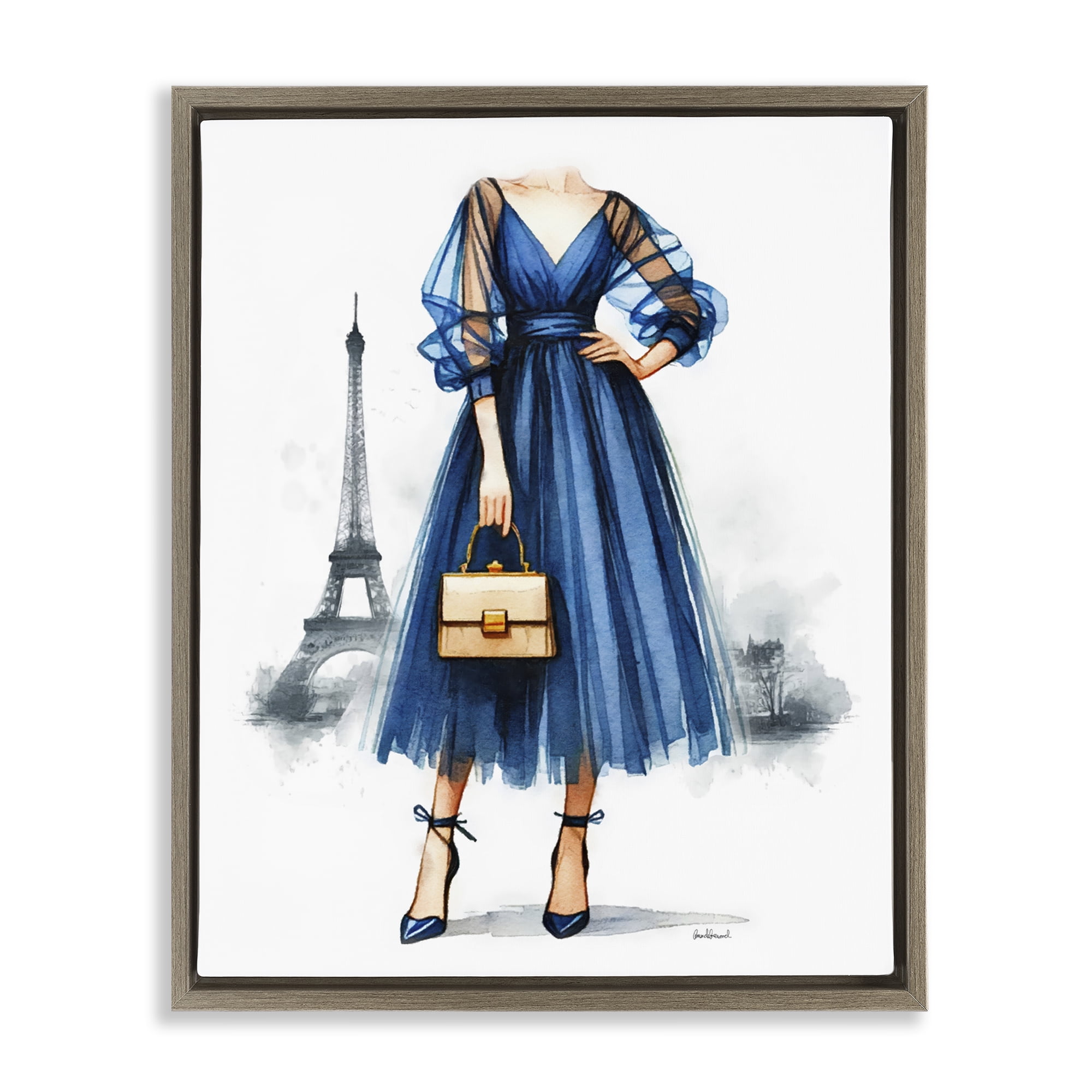 Stupell Industries Eiffel Town & Fashion Fashion Painting Brown Floater Framed Canvas Art Print Wall Art, 17 x 21