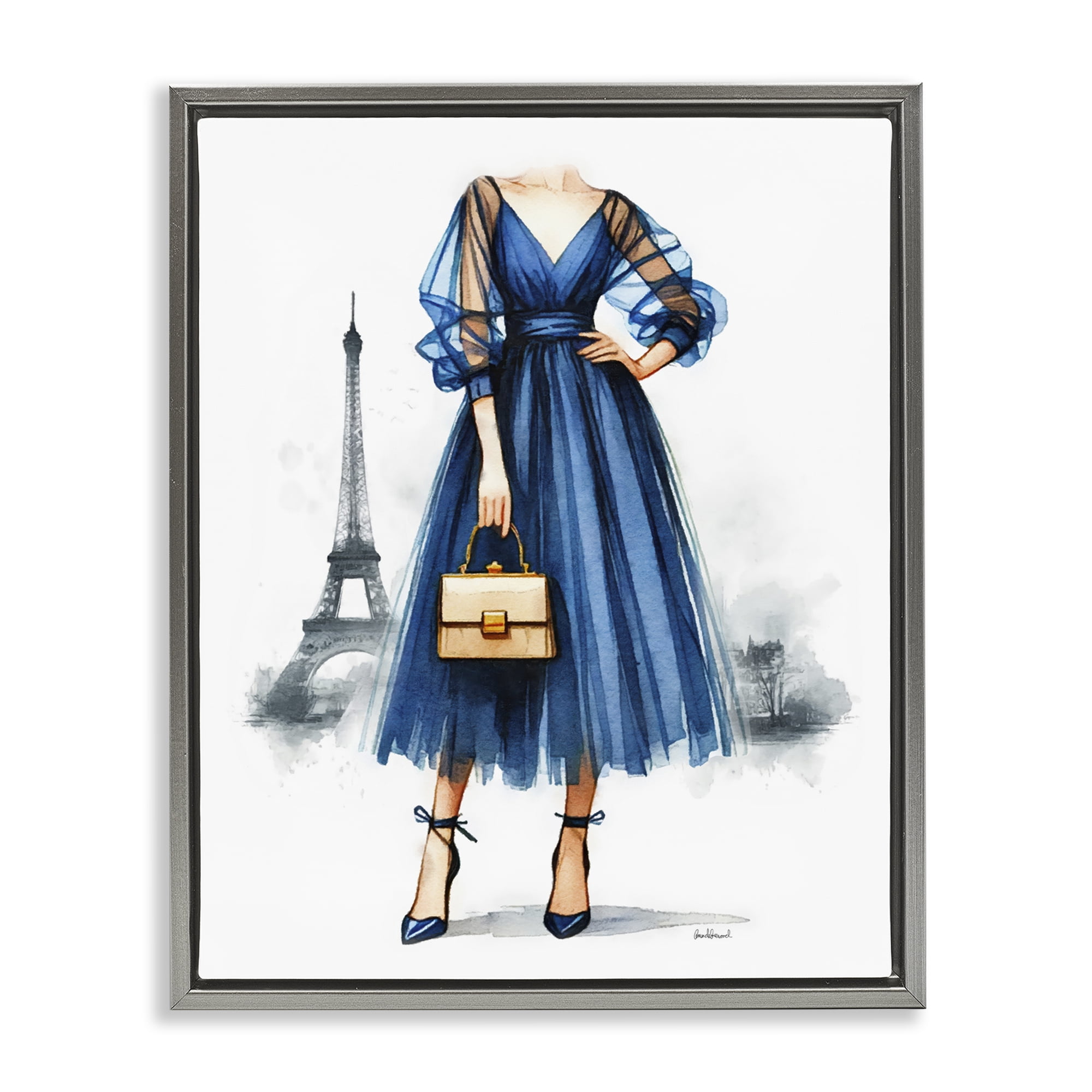 Stupell Industries Eiffel Town & Fashion Fashion Painting Gray Floater Framed Canvas Art Print Wall Art, 17 x 21
