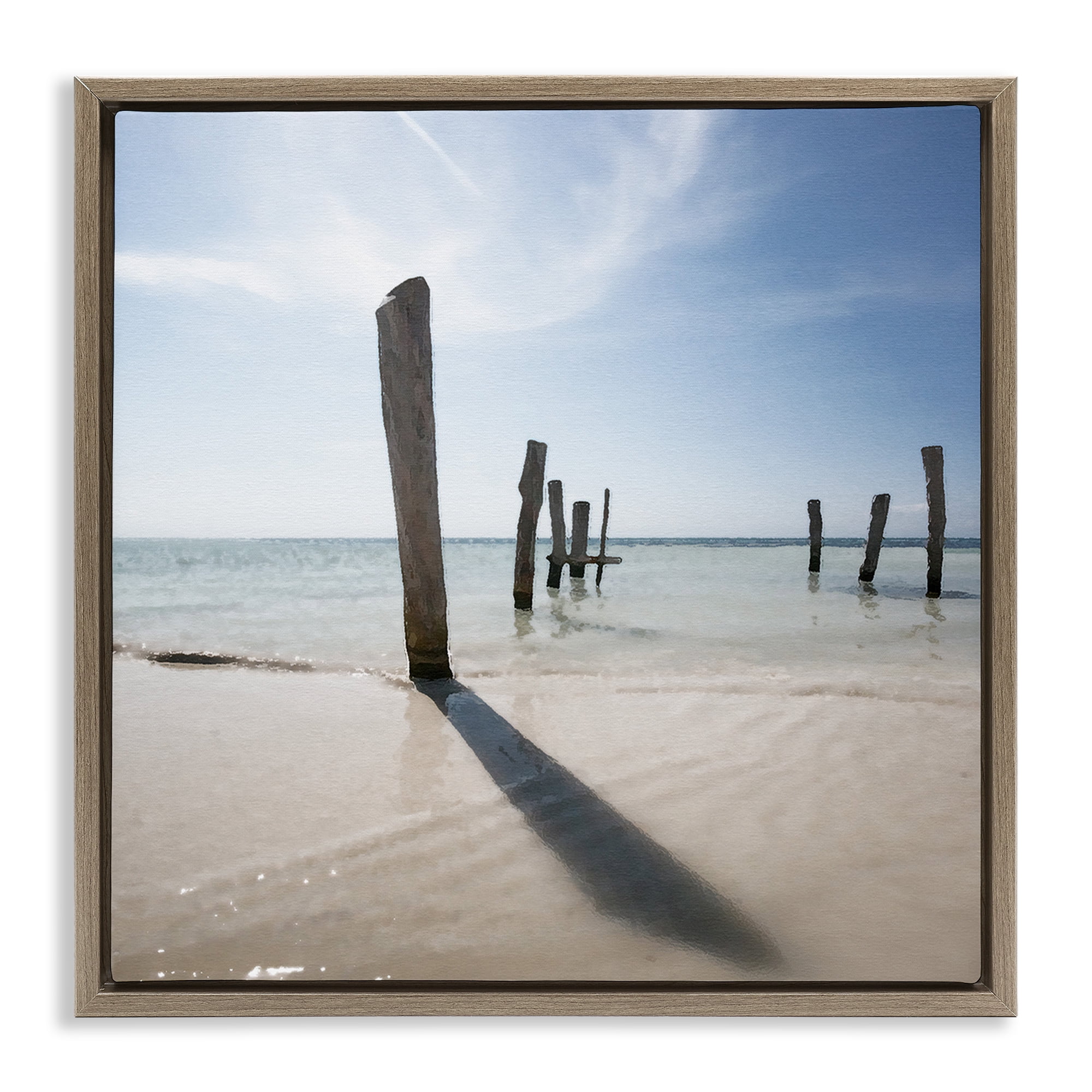 Stupell Industries Eight Beach Posts Coastal Photography Brown Floater Framed Canvas Art Print Wall Art, 18 x 18
