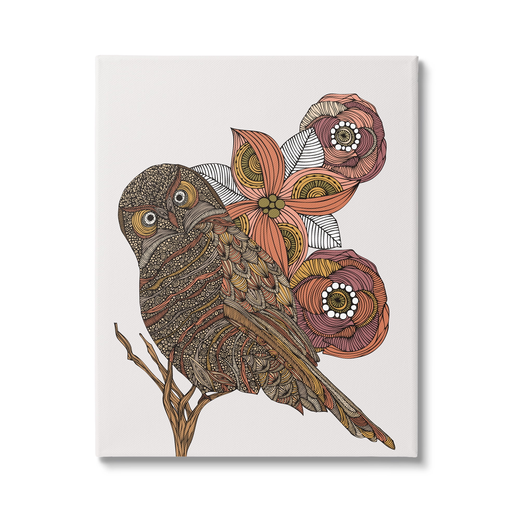 Stupell Industries Elaborate Patterned Owl Flower Blossom Stripes Detail Graphic Art Gallery Wrapped Canvas Print Wall Art, Design by Valentina Harper