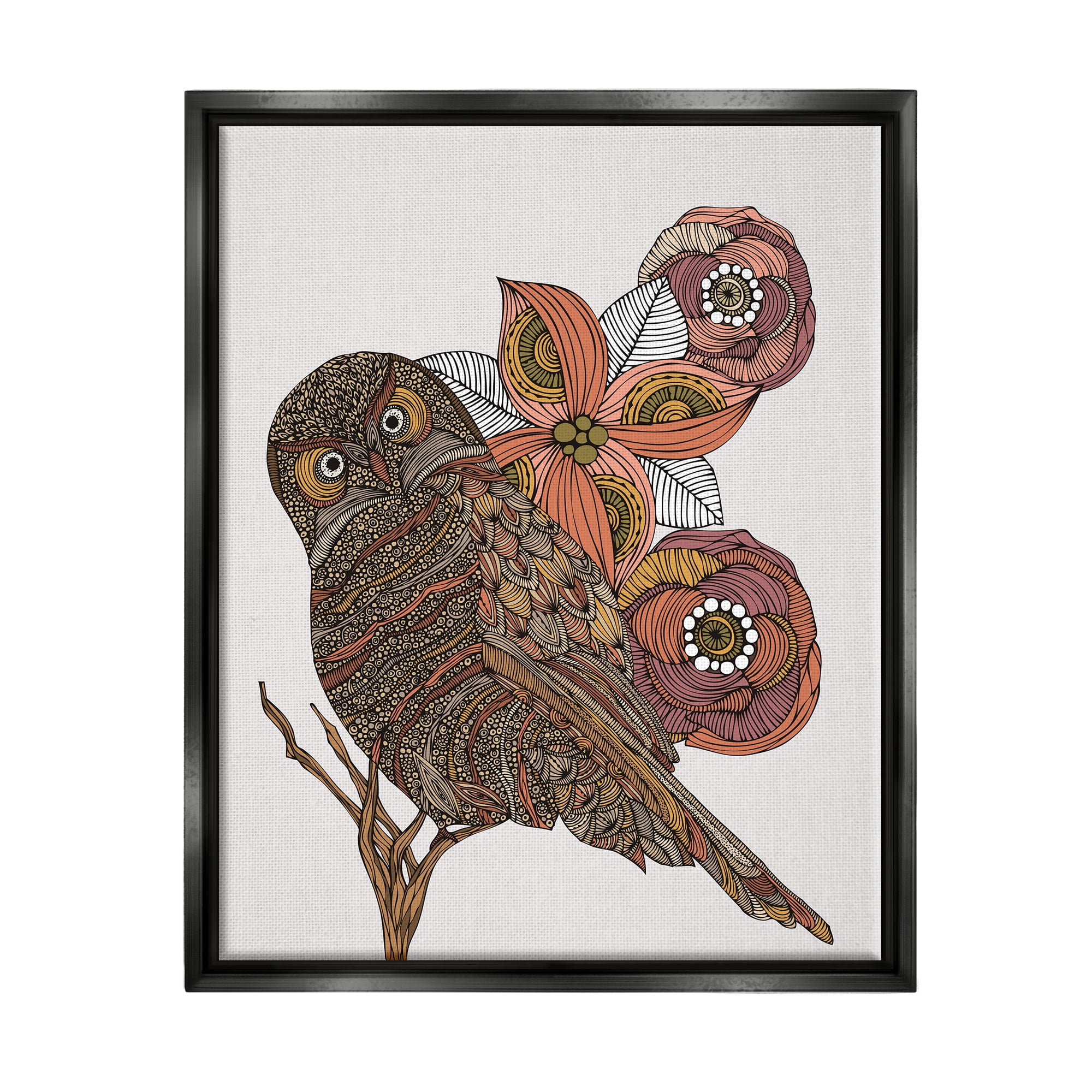 Stupell Industries Elaborate Patterned Owl Flower Blossom Stripes Detail Graphic Art Jet Black Floating Framed Canvas Print Wall Art, Design by Valentina Harper