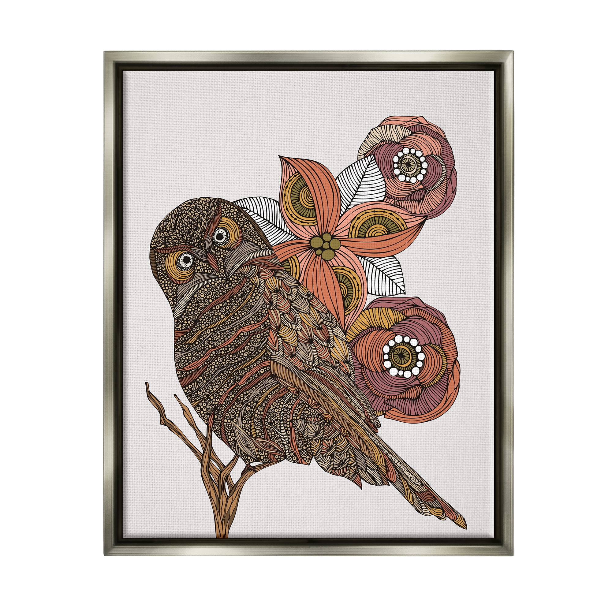 Stupell Industries Elaborate Patterned Owl Flower Blossom Stripes Detail Graphic Art Luster Gray Floating Framed Canvas Print Wall Art, Design by Valentina Harper