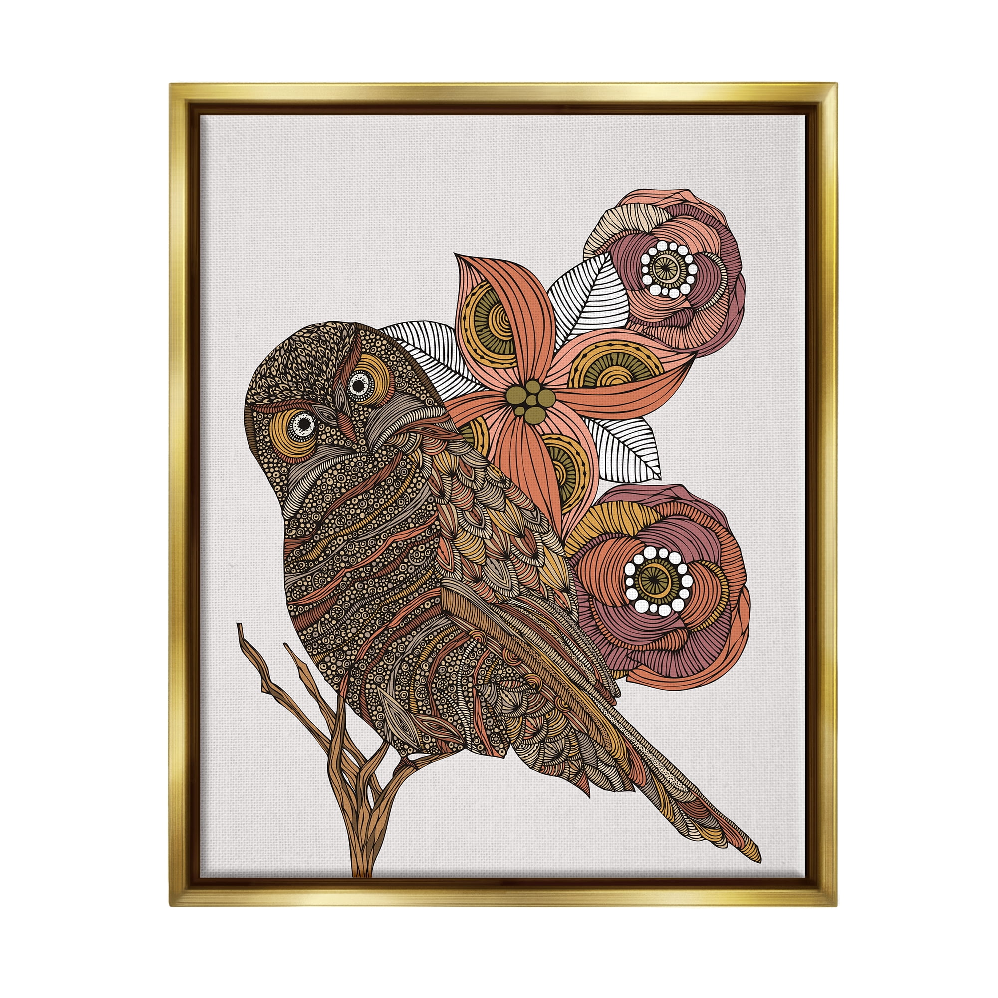 Stupell Industries Elaborate Patterned Owl Flower Blossom Stripes Detail Graphic Art Metallic Gold Floating Framed Canvas Print Wall Art, Design by Valentina Harper