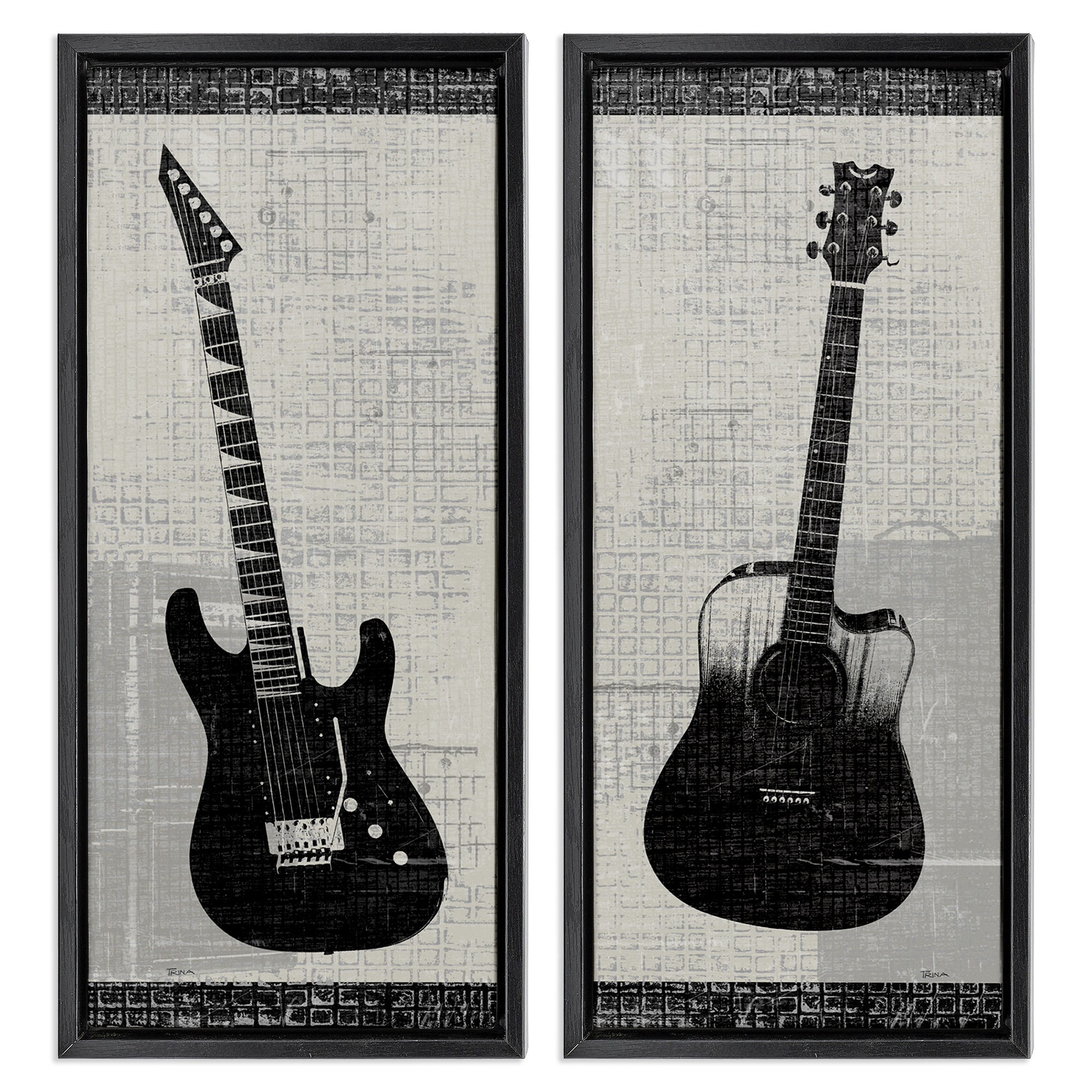 Stupell Industries Electric Acoustic Guitar Entertainment Painting Black Floater Framed Canvas Art Print Wall Art, 14 x 31, Set of 2