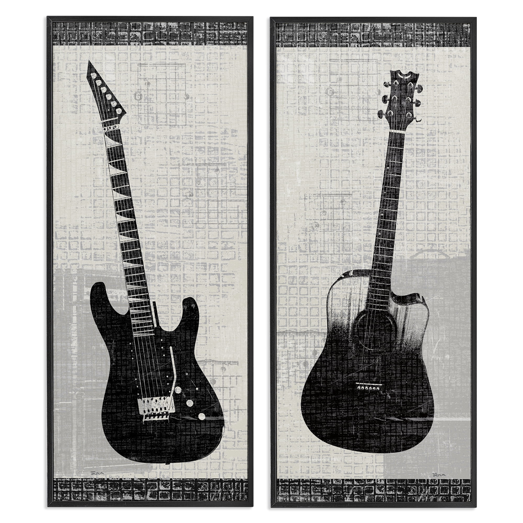 Stupell Industries Electric Acoustic Guitar Entertainment Painting Black Framed Art Print Wall Art, 10 x 24, Set of 2