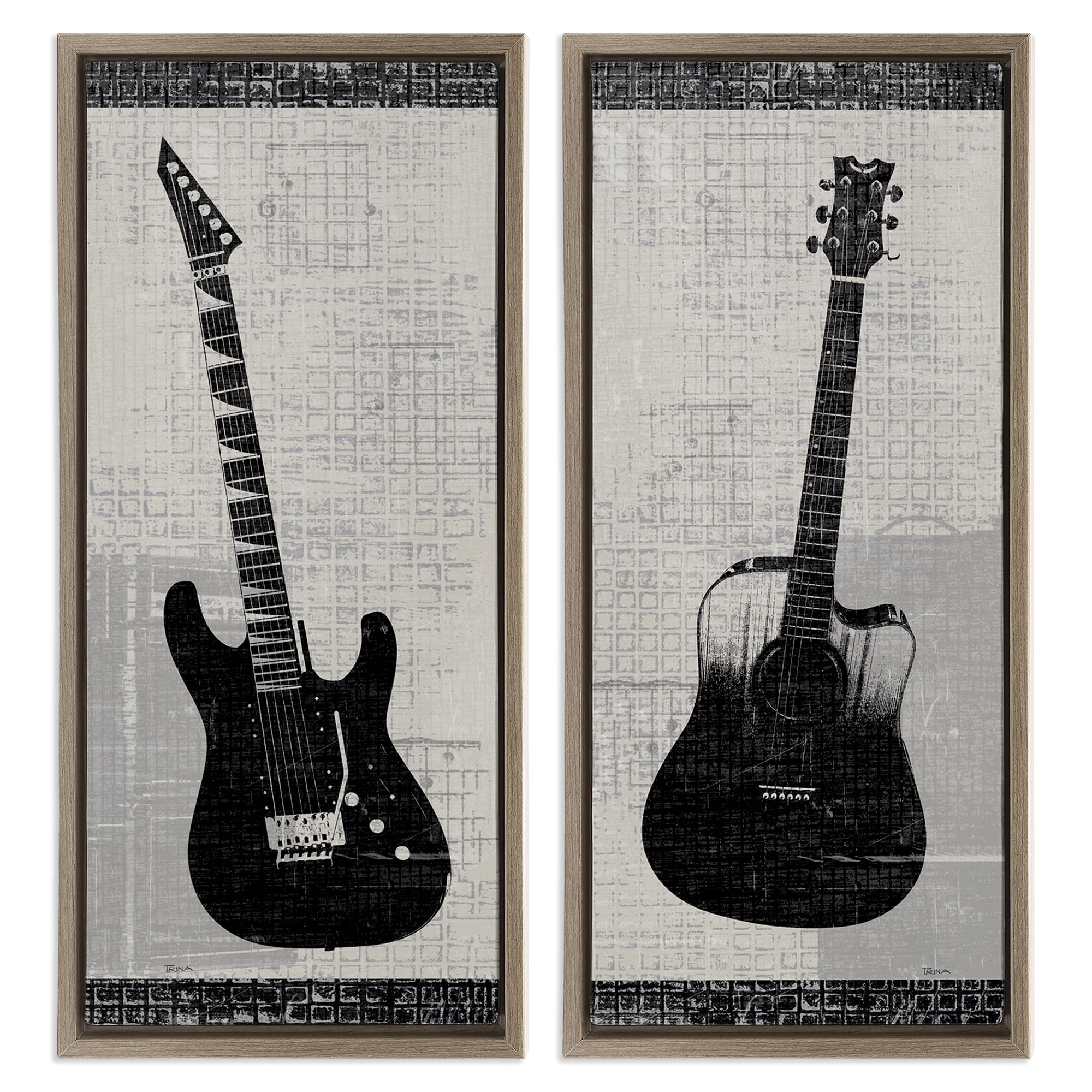 Stupell Industries Electric Acoustic Guitar Entertainment Painting Brown Floater Framed Canvas Art Print Wall Art, 11 x 25, Set of 2