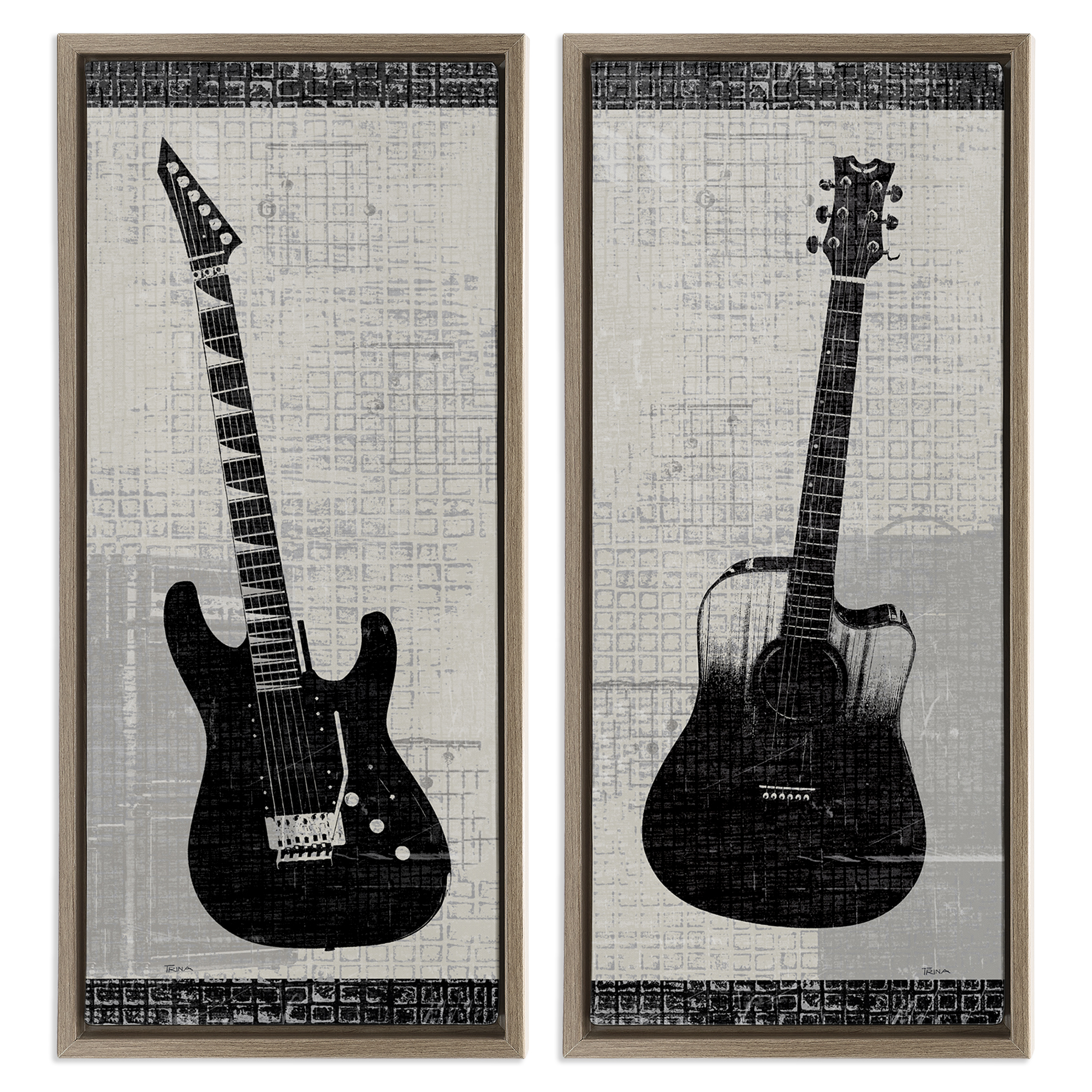 Stupell Industries Electric Acoustic Guitar Entertainment Painting Brown Floater Framed Canvas Art Print Wall Art, 14 x 31, Set of 2