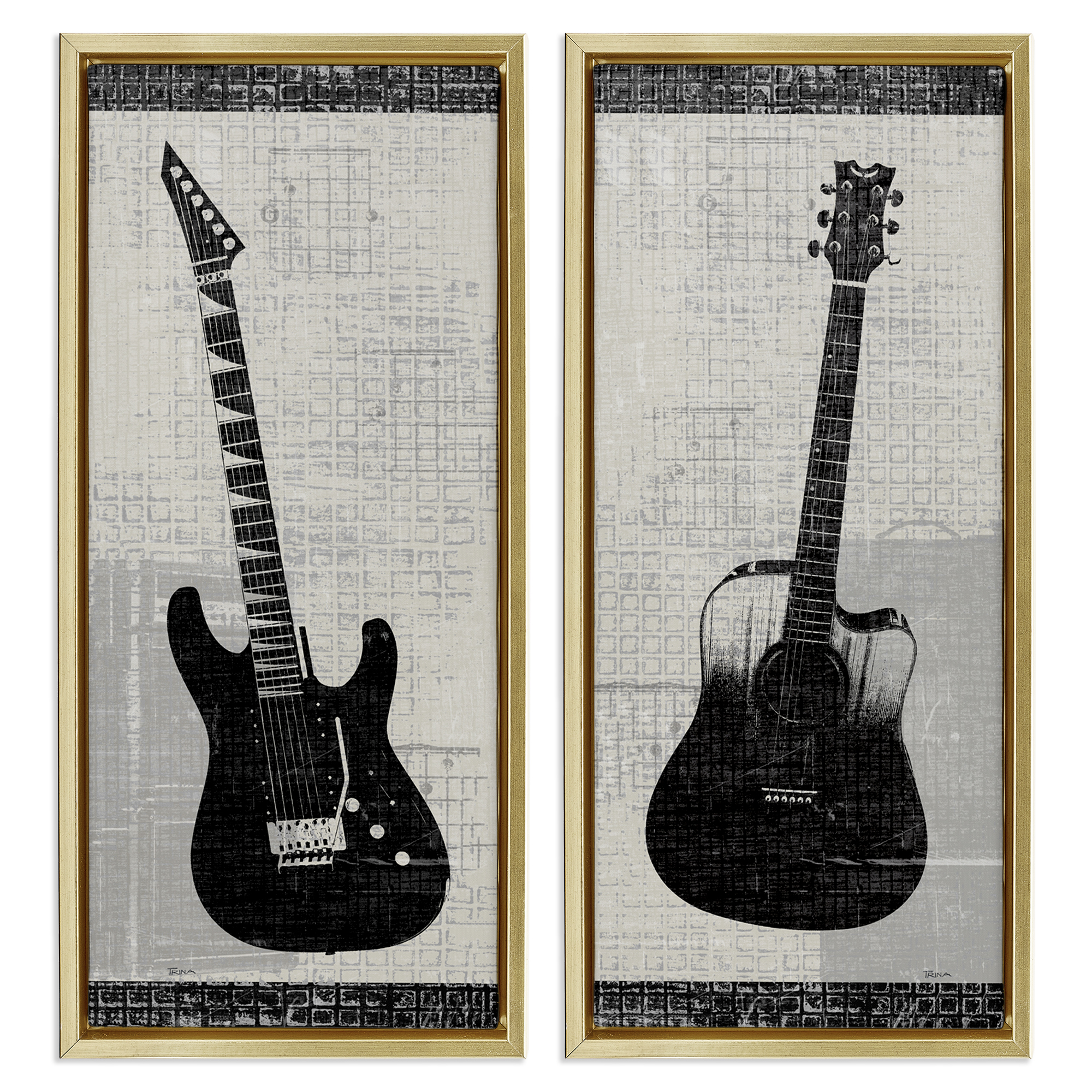 Stupell Industries Electric Acoustic Guitar Entertainment Painting Gold Floater Framed Canvas Art Print Wall Art, 14 x 31, Set of 2