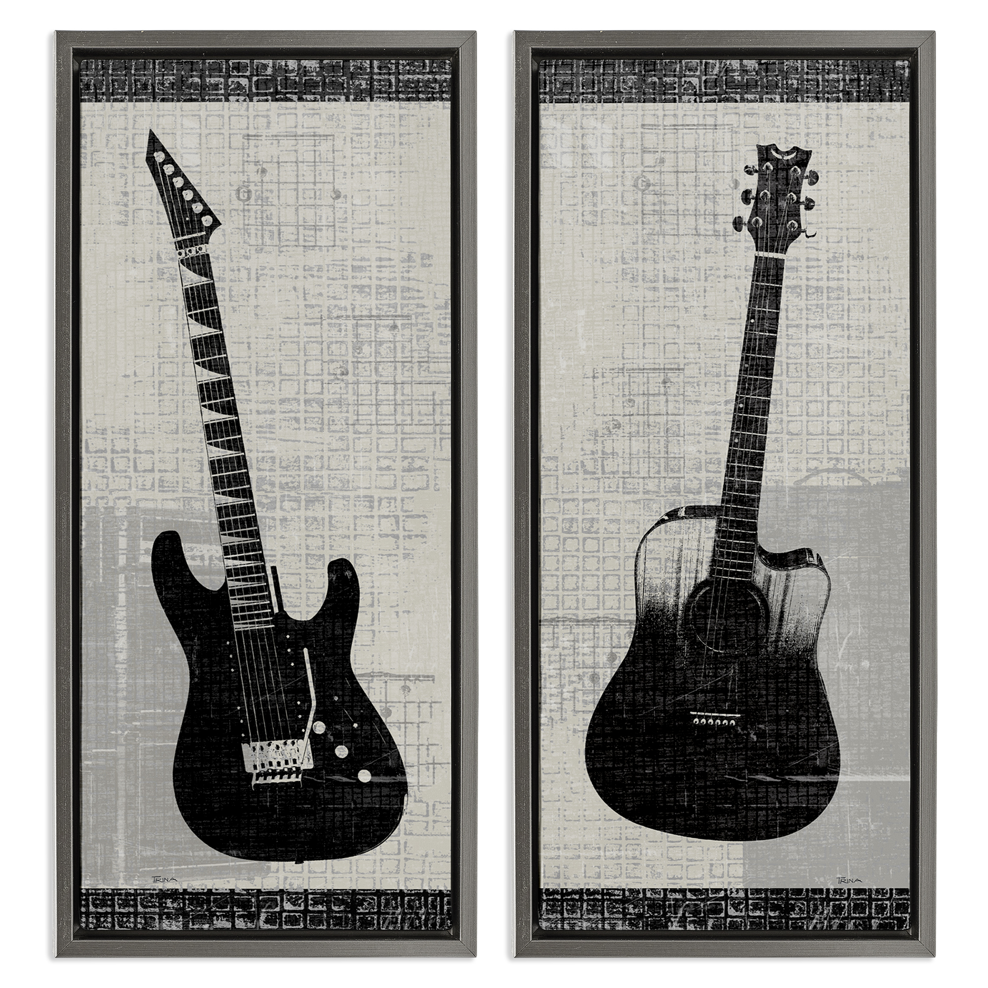 Stupell Industries Electric Acoustic Guitar Entertainment Painting Gray Floater Framed Canvas Art Print Wall Art, 11 x 25, Set of 2