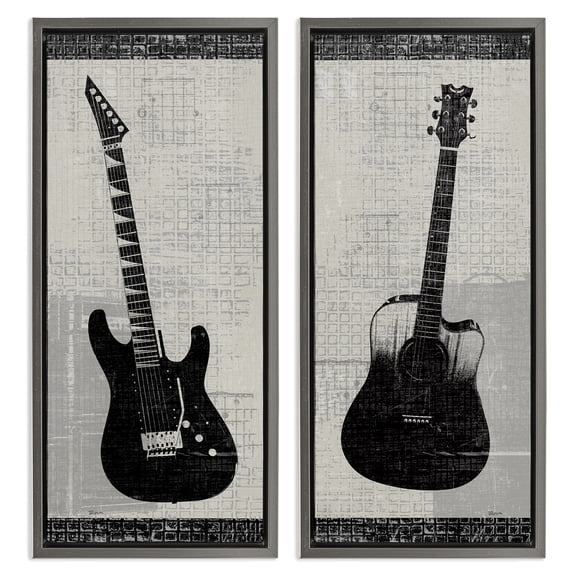 Stupell Industries Electric Acoustic Guitar Entertainment Painting Gray Floater Framed Canvas Art Print Wall Art, 11 x 25, Set of 2
