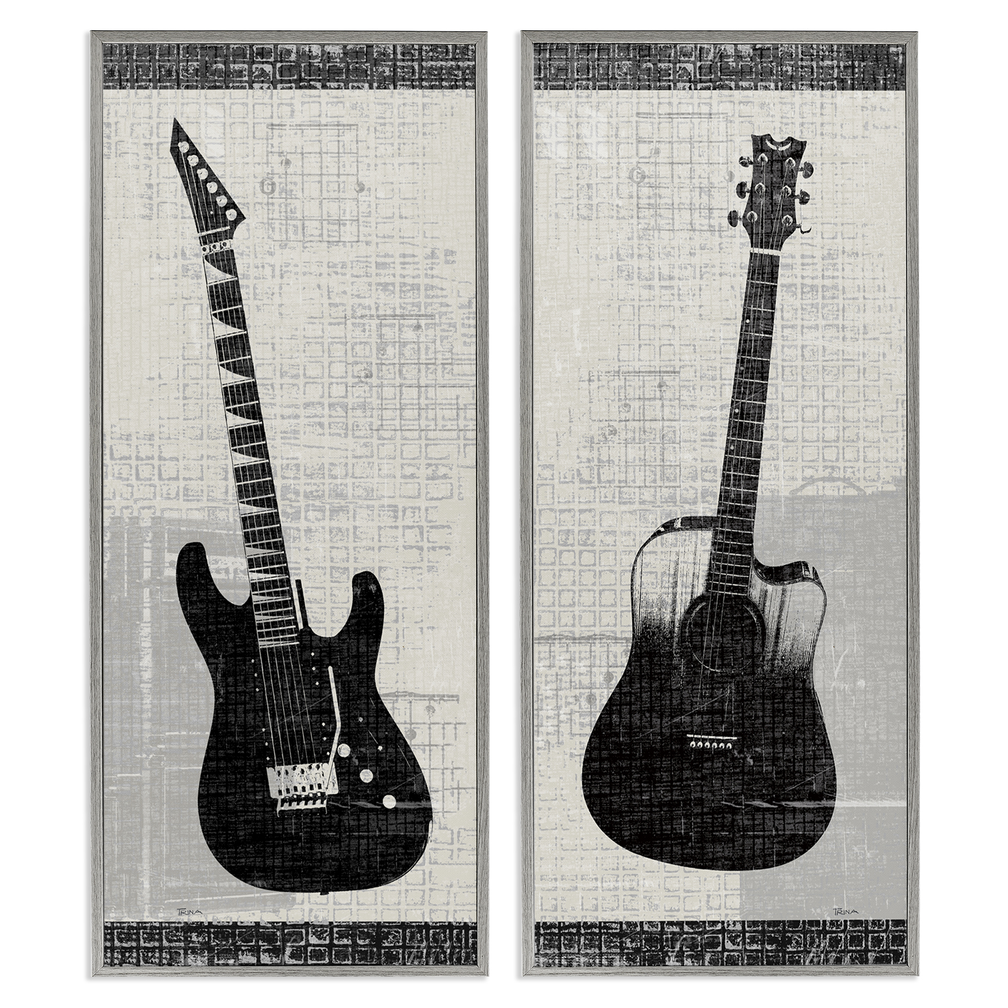 Stupell Industries Electric Acoustic Guitar Entertainment Painting Gray Framed Art Print Wall Art, 13 x 30, Set of 2