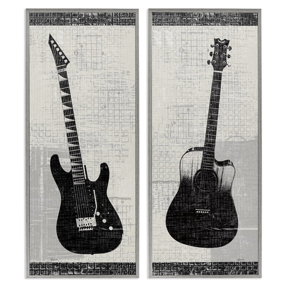 Stupell Industries Electric Acoustic Guitar Entertainment Painting Gray Framed Art Print Wall Art, 13 x 30, Set of 2