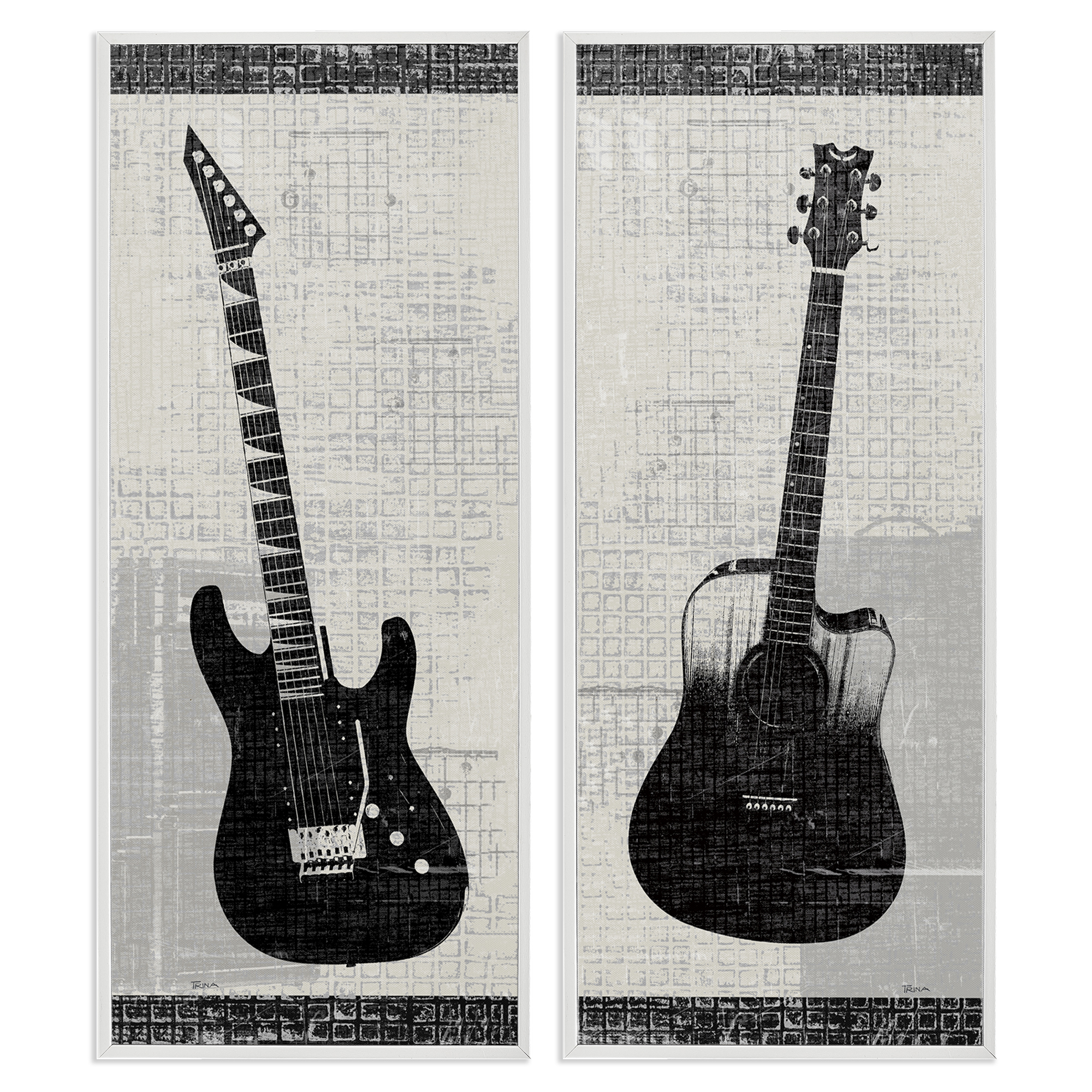 Stupell Industries Electric Acoustic Guitar Entertainment Painting White Framed Art Print Wall Art, 10 x 24, Set of 2