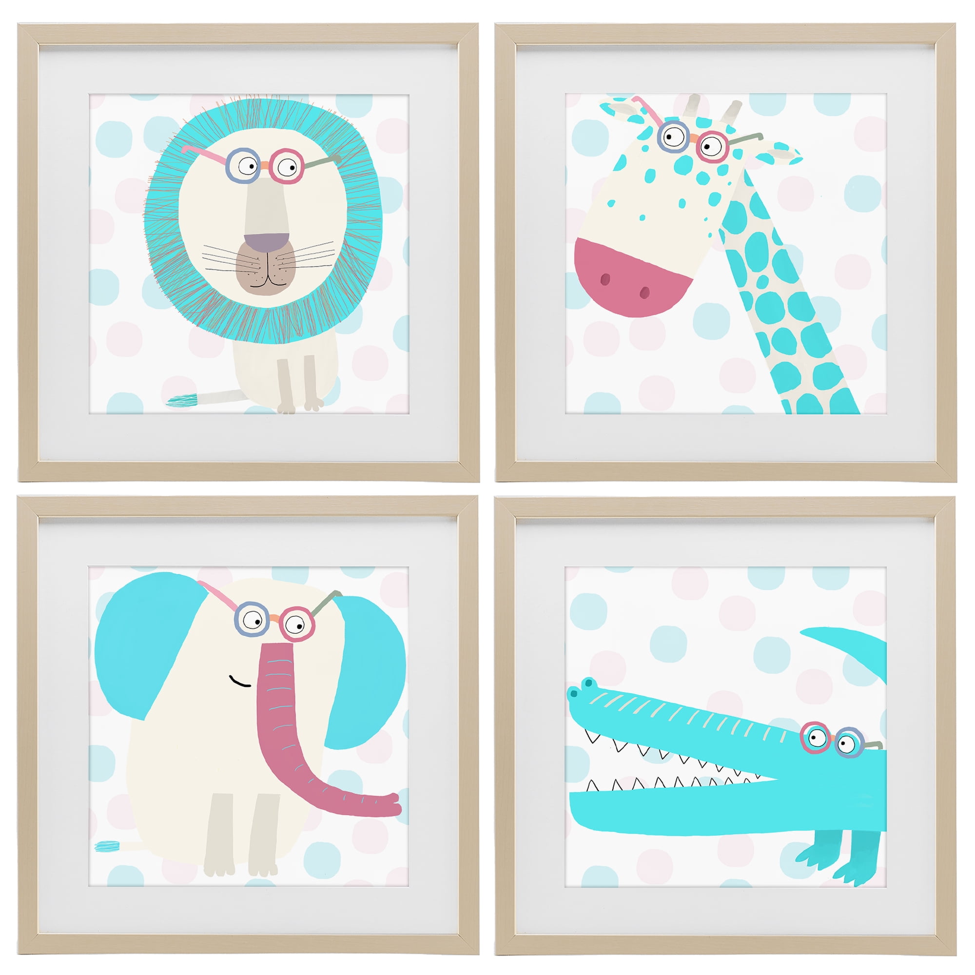 Stupell Industries Electric Blue Wild Animals 4 Piece Birch Framed Print Under Glass Set, design by Carla Daly
