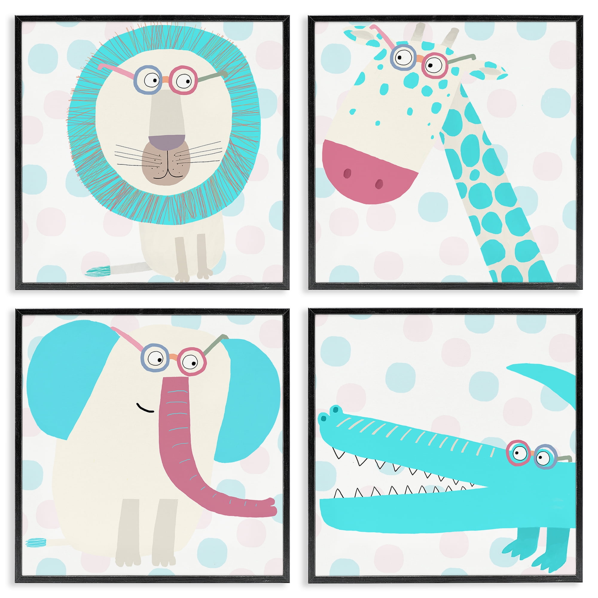 Stupell Industries Electric Blue Wild Animals 4 Piece Black Framed Giclee Art Set, design by Carla Daly