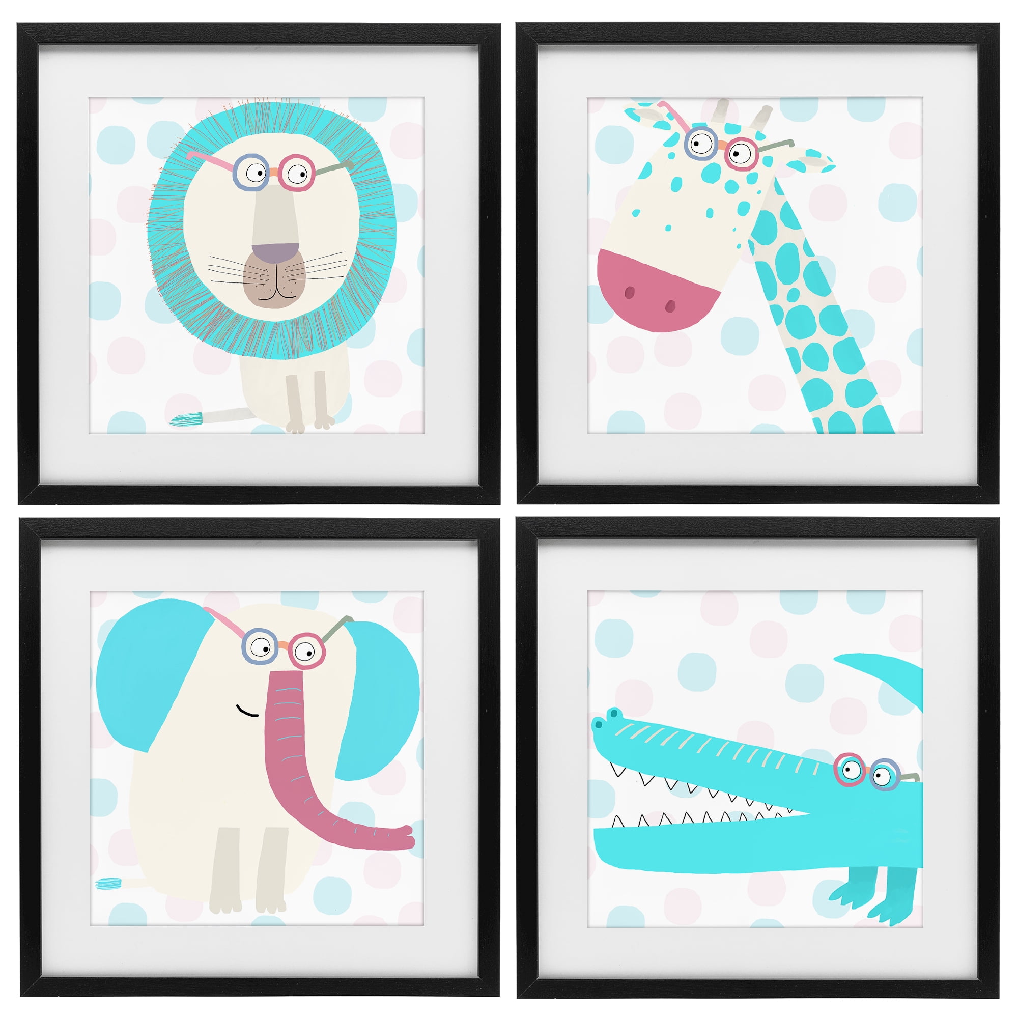 Stupell Industries Electric Blue Wild Animals 4 Piece Black Framed Print Under Glass Set, design by Carla Daly