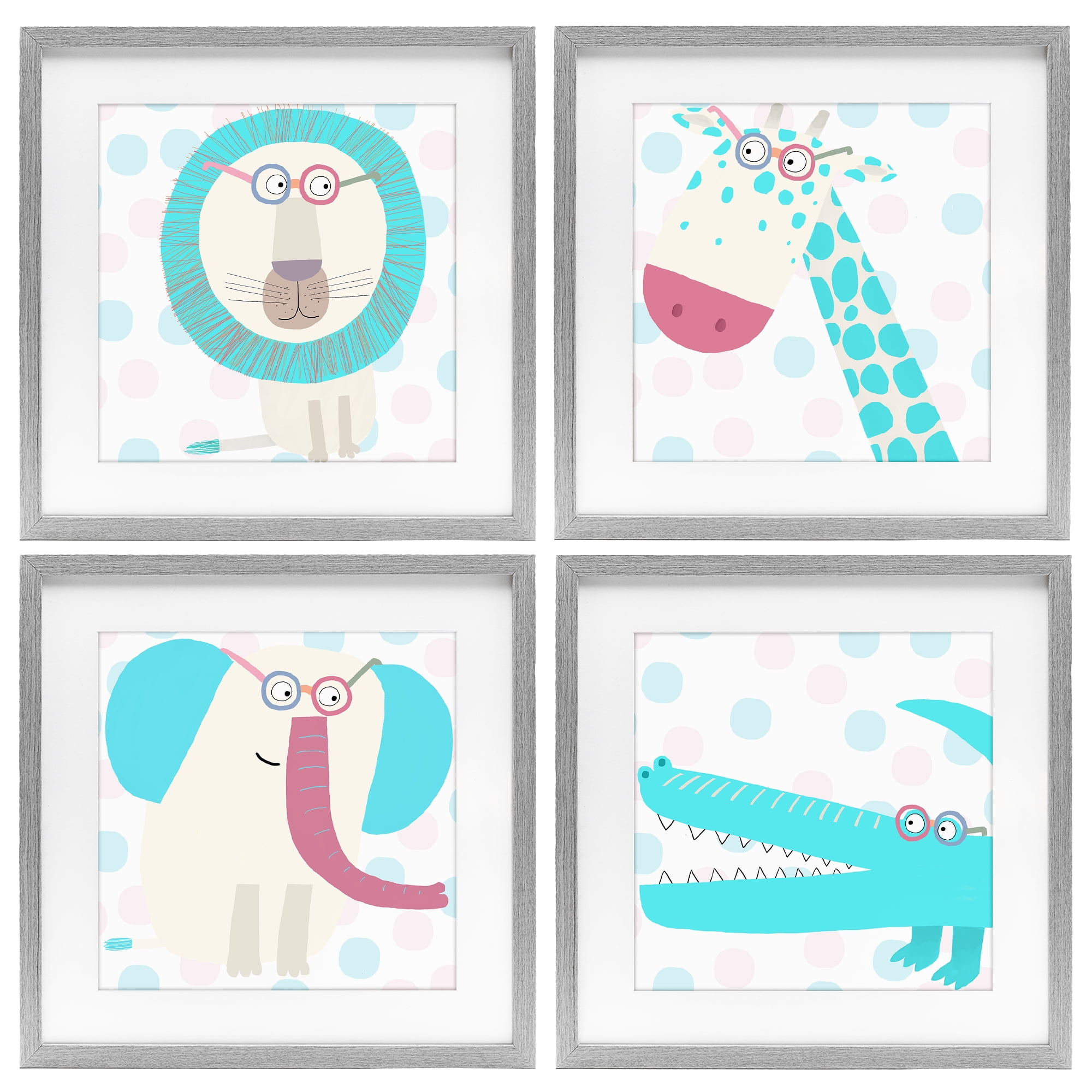 Stupell Industries Electric Blue Wild Animals 4 Piece Gray Framed Print Under Glass Set, design by Carla Daly