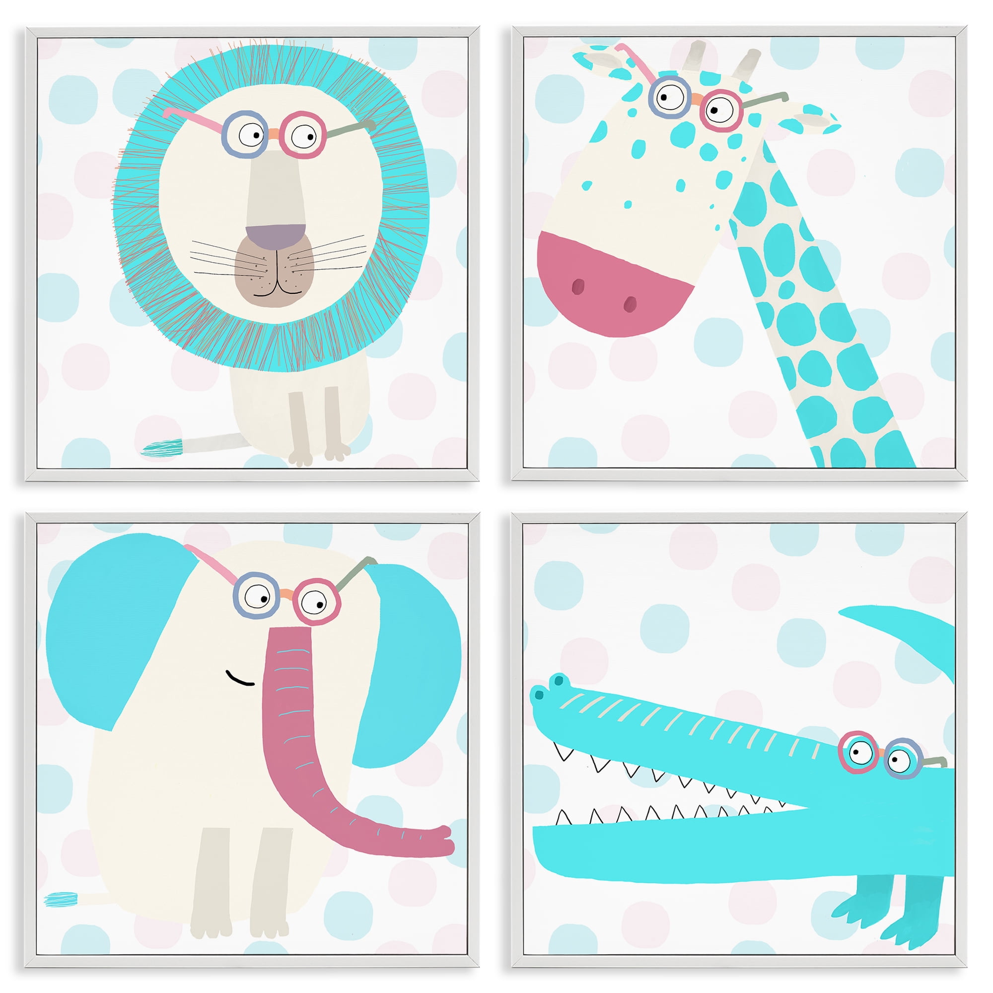 Stupell Industries Electric Blue Wild Animals 4 Piece White Framed Giclee Art Set, design by Carla Daly