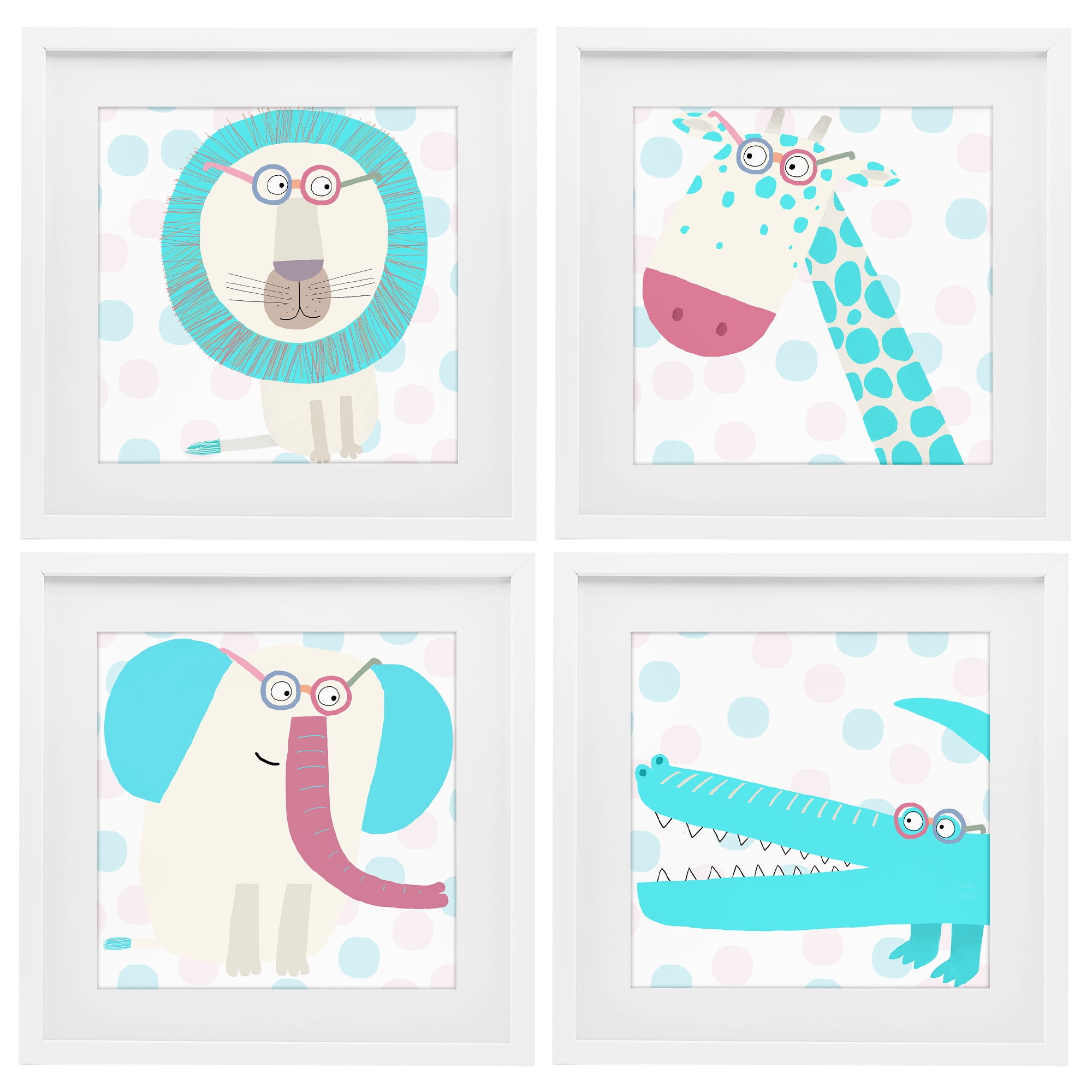 Stupell Industries Electric Blue Wild Animals 4 Piece White Framed Print Under Glass Set, design by Carla Daly