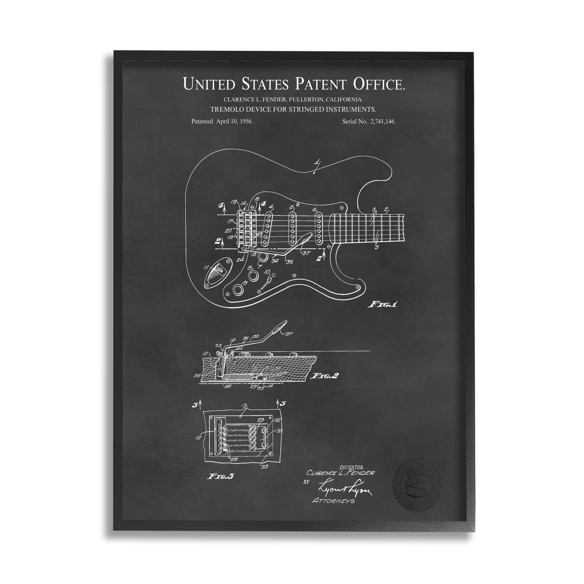 Stupell Industries Electric Guitar Instrument Musician Detailed Patent Blueprint Framed Wall Art, 24 x 30, Design by Karl Hronek