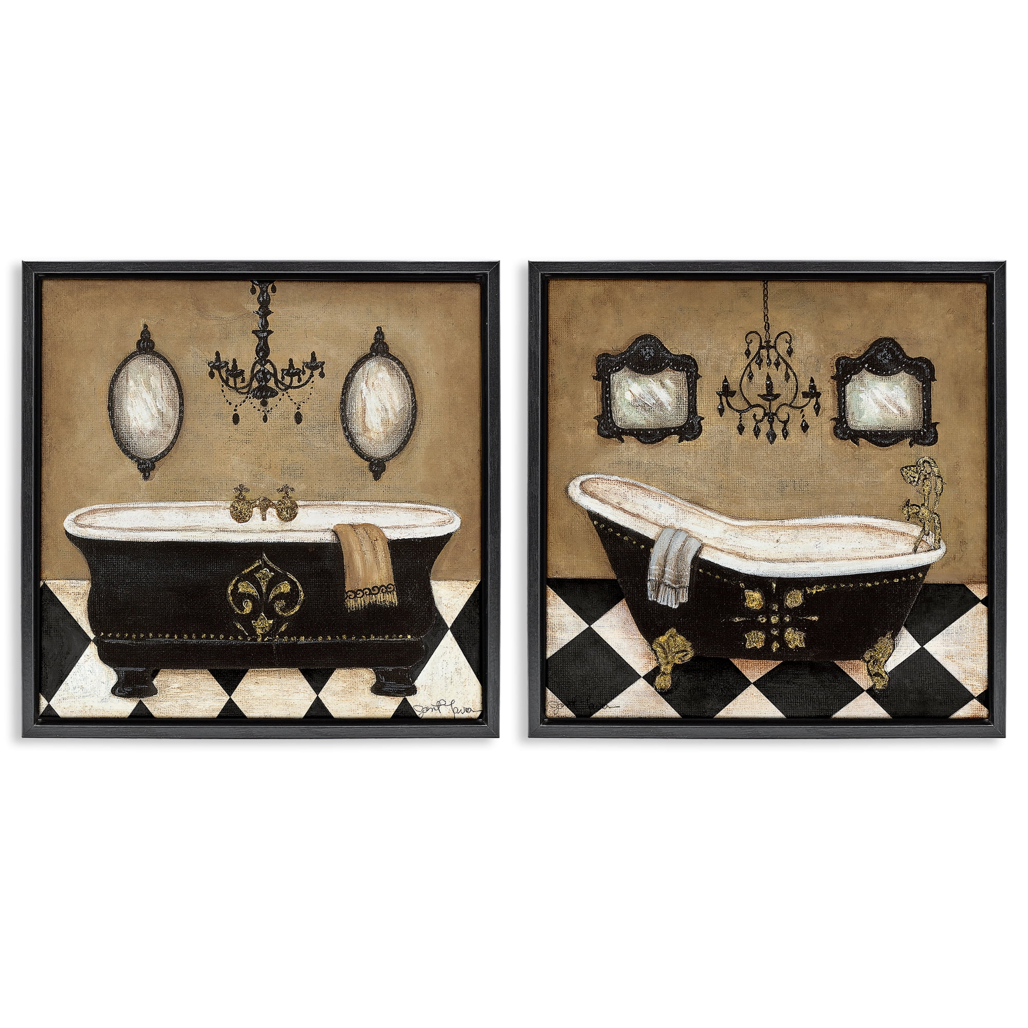 Stupell Industries Elegant Bathroom with Chandeliers 2 Piece Black Framed Floater Canvas Set, design by Janet Tava