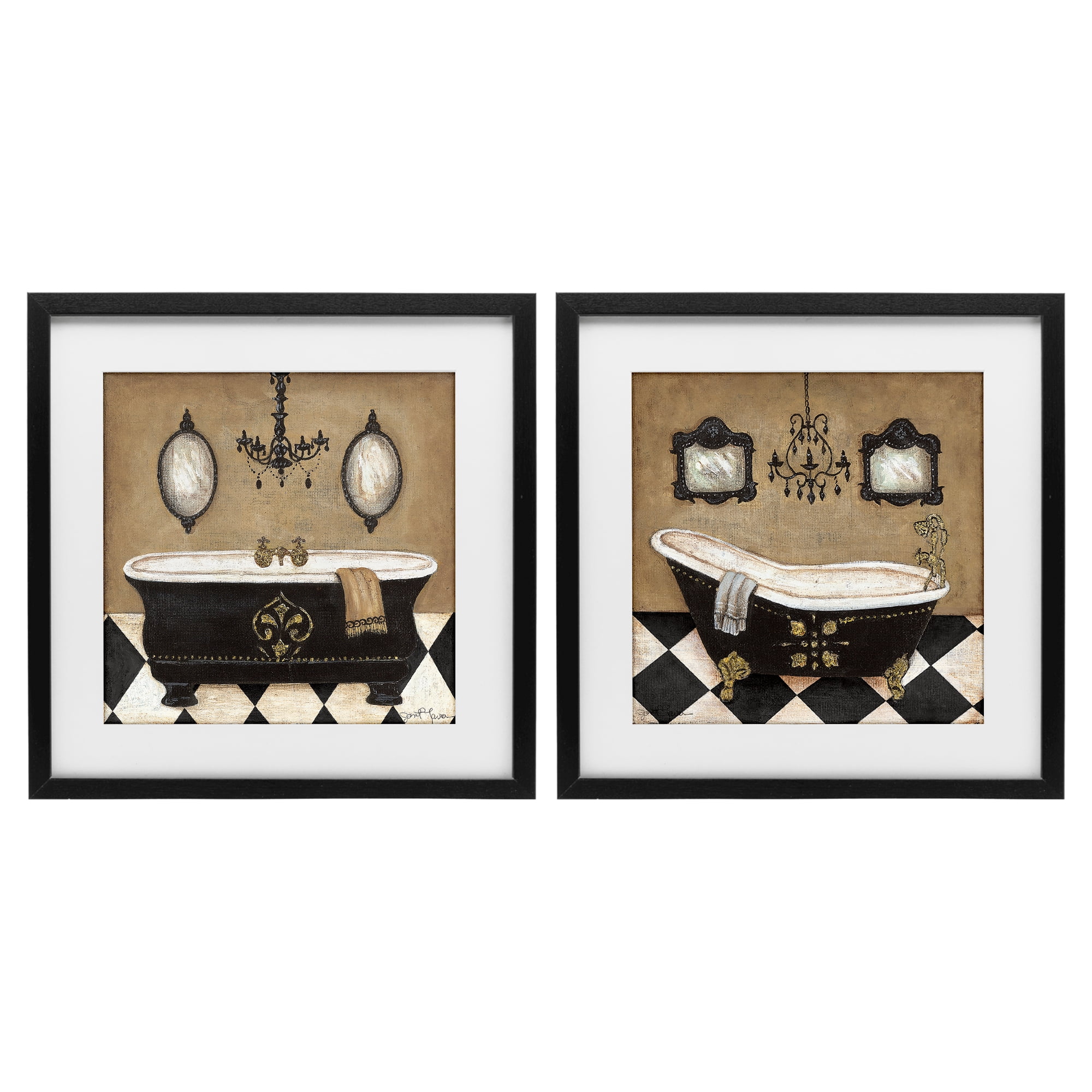 Stupell Industries Elegant Bathroom with Chandeliers 2 Piece Black Framed Print Under Glass Set, design by Janet Tava