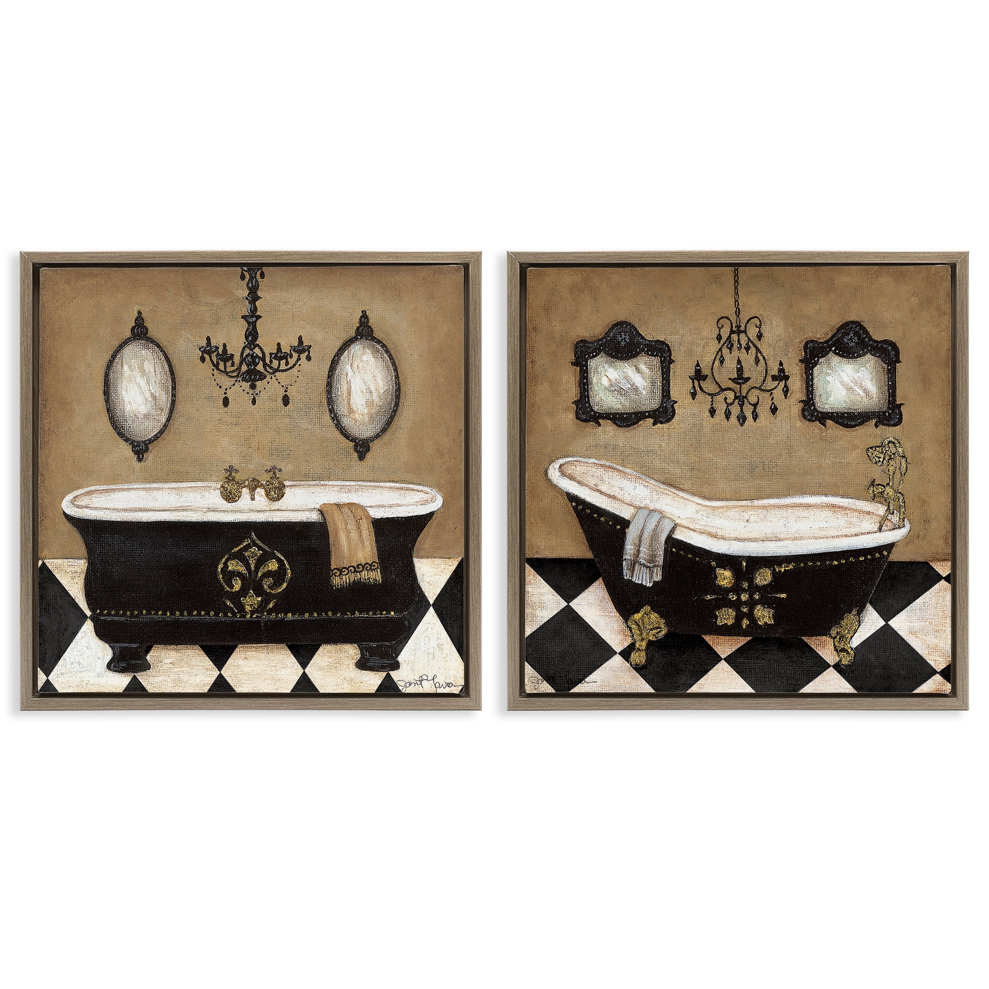 Stupell Industries Elegant Bathroom with Chandeliers 2 Piece Brown Framed Floater Canvas Set, design by Janet Tava