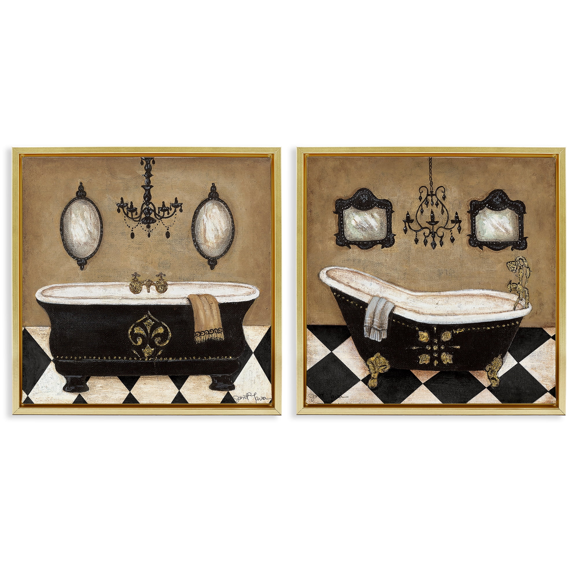 Stupell Industries Elegant Bathroom with Chandeliers 2 Piece Gold Framed Floater Canvas Set, design by Janet Tava