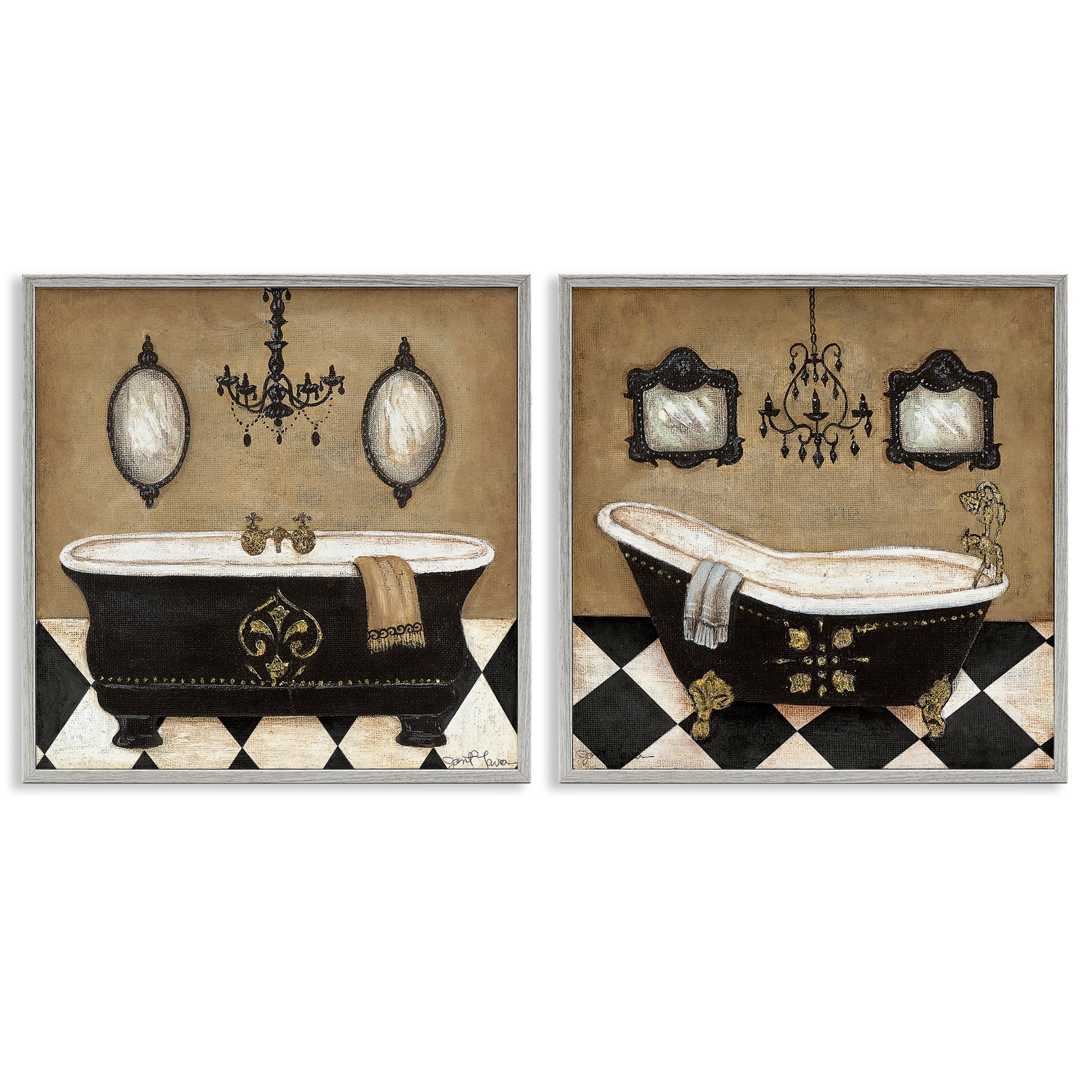 Stupell Industries Elegant Bathroom with Chandeliers 2 Piece Gray Framed Giclee Art Set, design by Janet Tava