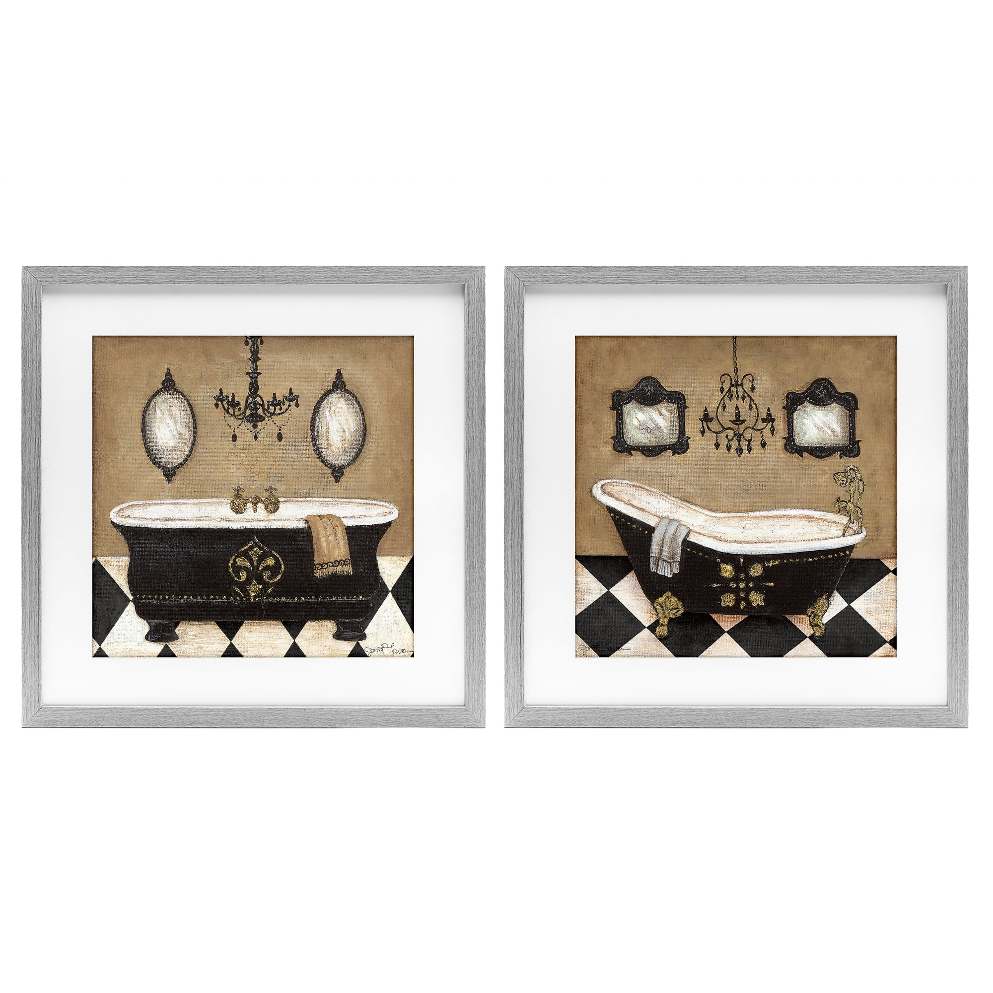 Stupell Industries Elegant Bathroom with Chandeliers 2 Piece Gray Framed Print Under Glass Set, design by Janet Tava