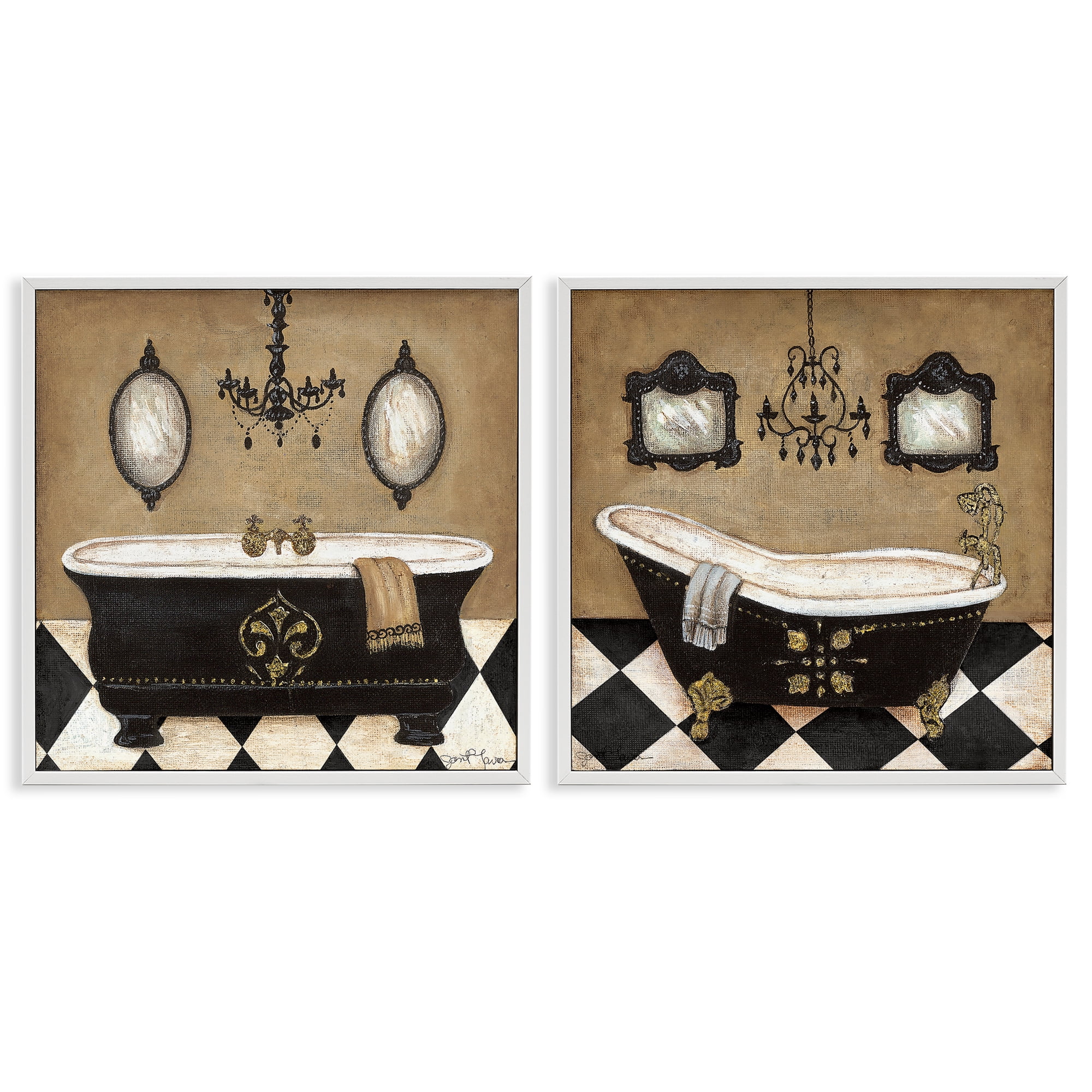 Stupell Industries Elegant Bathroom with Chandeliers 2 Piece White Framed Giclee Art Set, design by Janet Tava