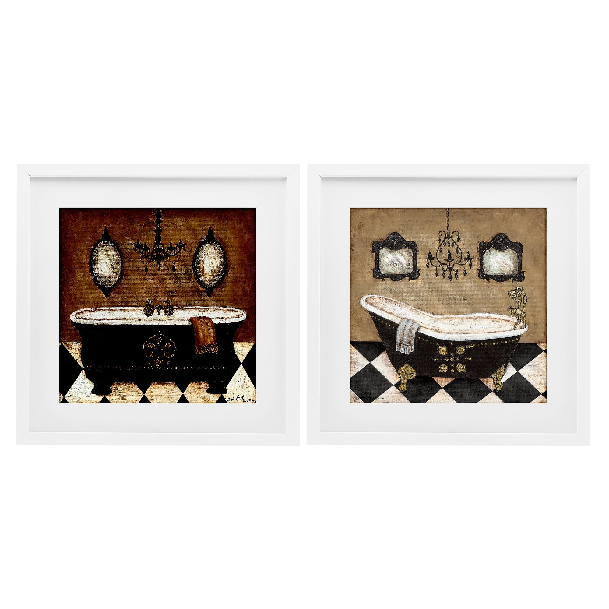 Stupell Industries Elegant Bathroom with Chandeliers 2 Piece White Framed Print Under Glass Set, design by Janet Tava