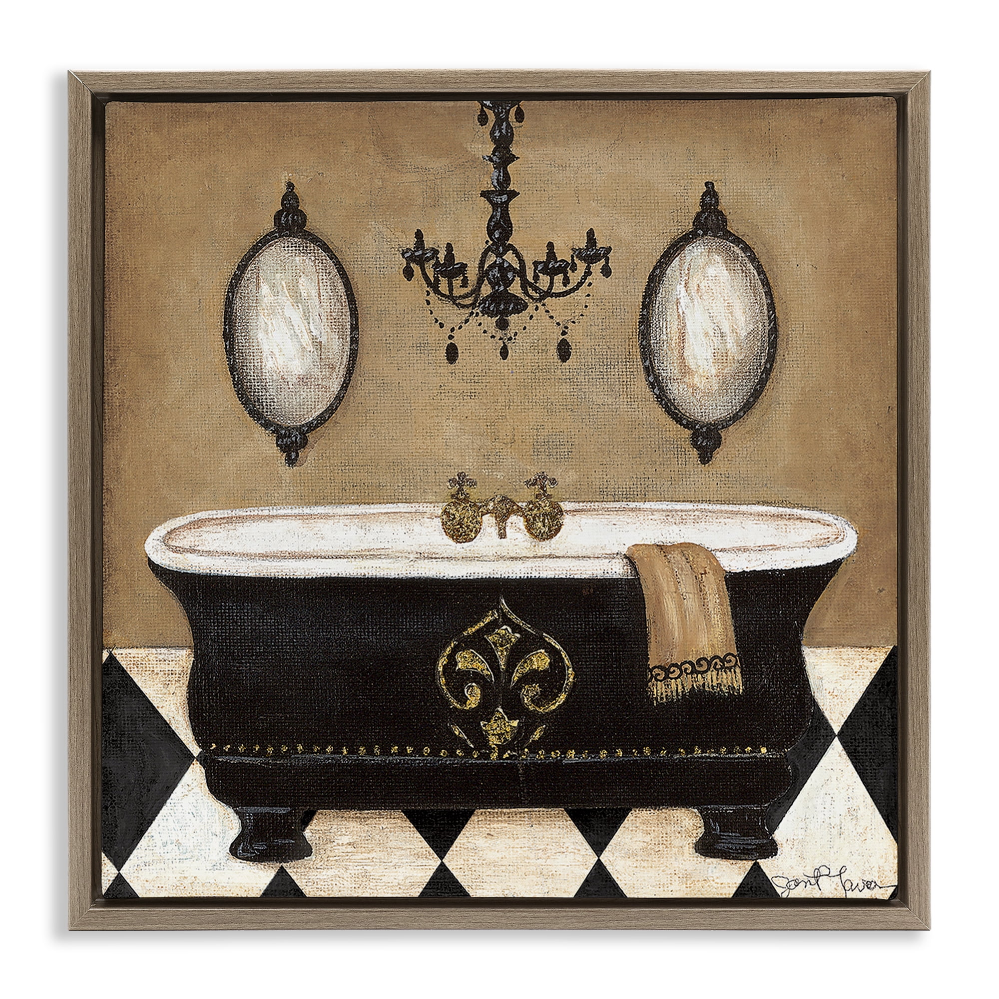 Stupell Industries Elegant Bathtub & Chandelier Brown Framed Floater Canvas Wall Art, design by Janet Tava