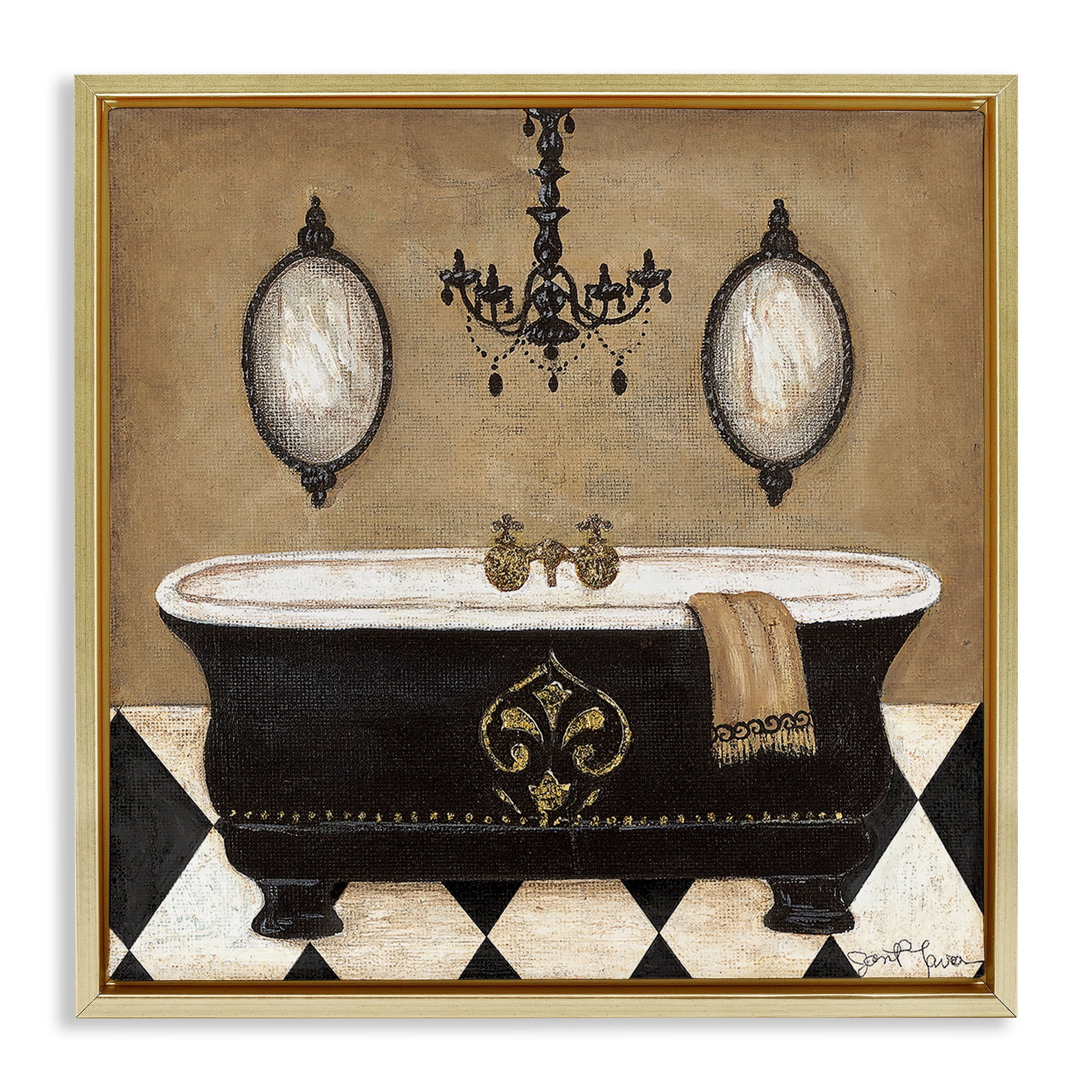 Stupell Industries Elegant Bathtub & Chandelier Gold Framed Floater Canvas Wall Art, design by Janet Tava