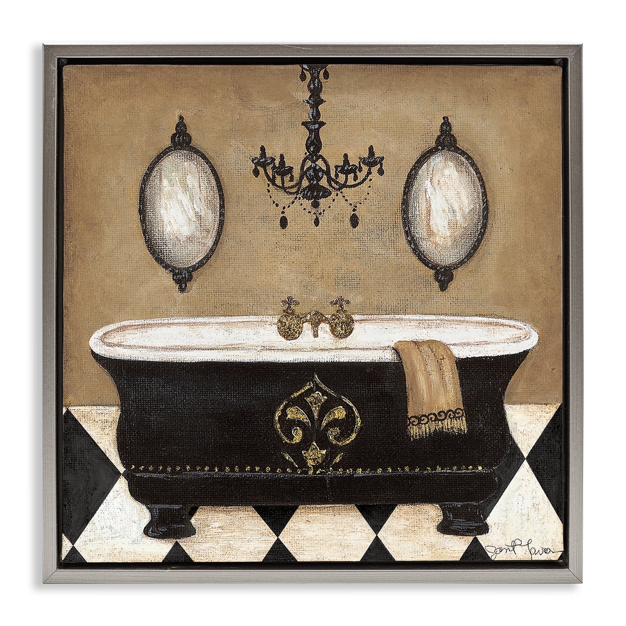 Stupell Industries Elegant Bathtub & Chandelier Gray Framed Floater Canvas Wall Art, design by Janet Tava