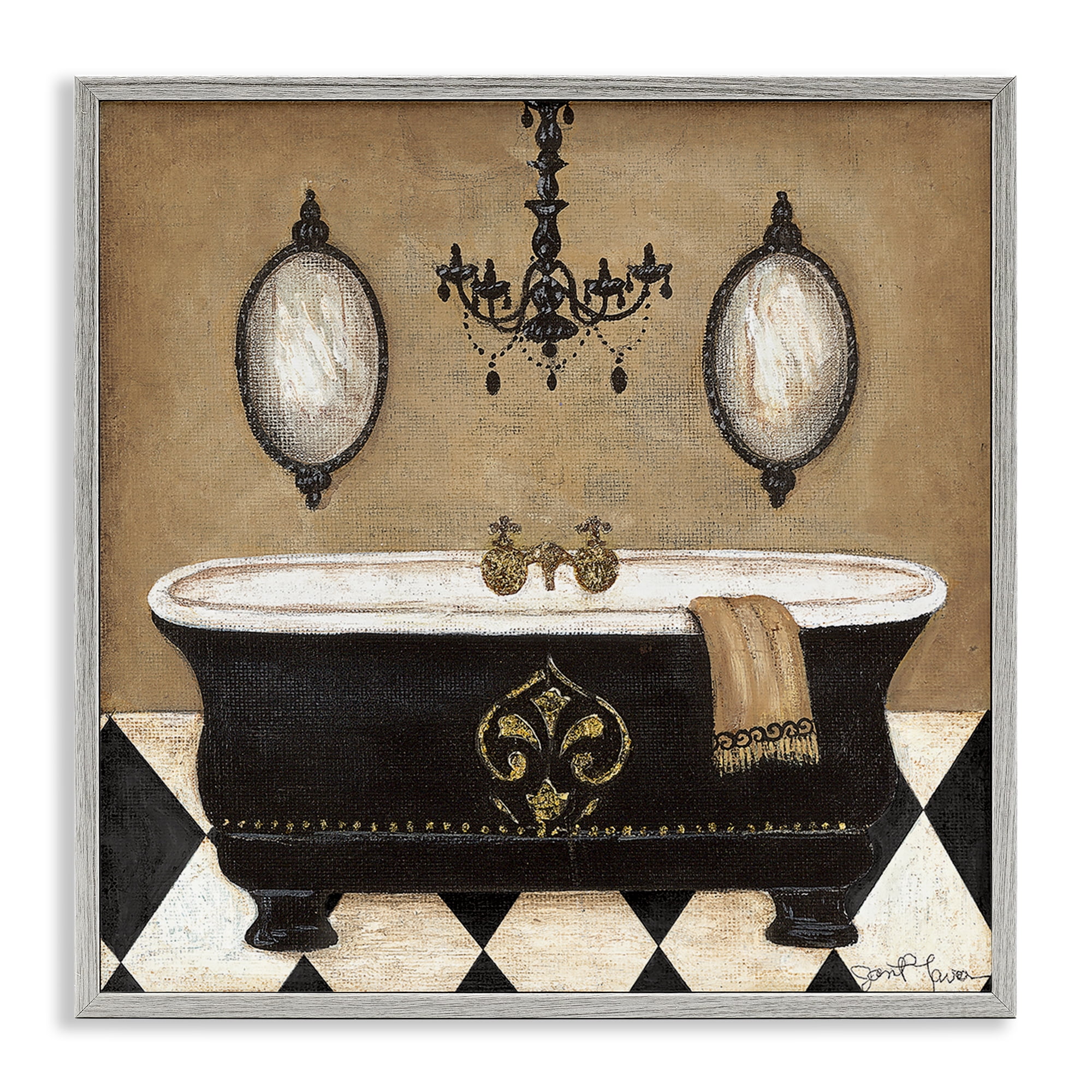 Stupell Industries Elegant Bathtub & Chandelier Gray Framed Giclee Art, design by Janet Tava